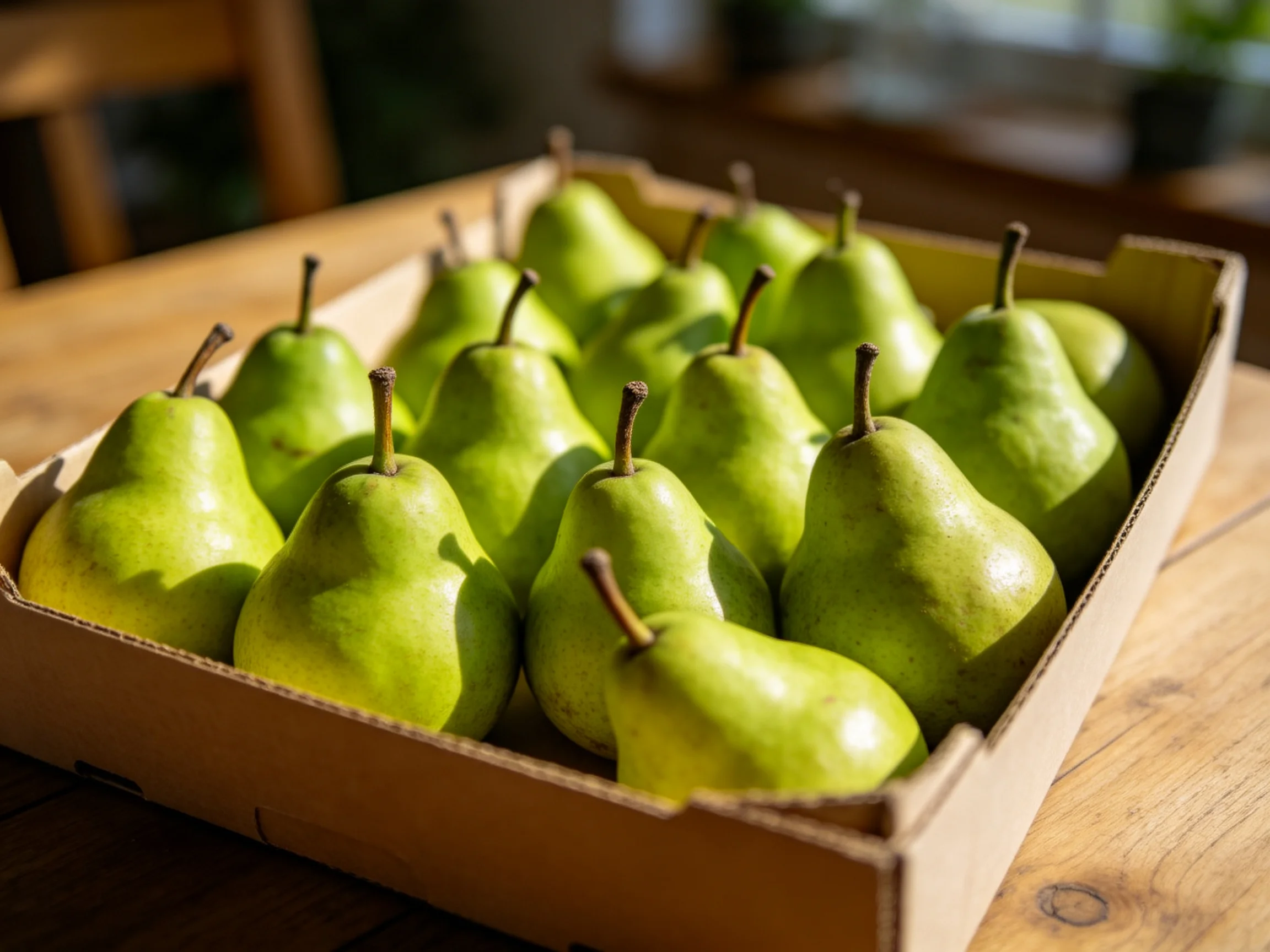 Fresh green pears in a cardboard tray on a wooden table