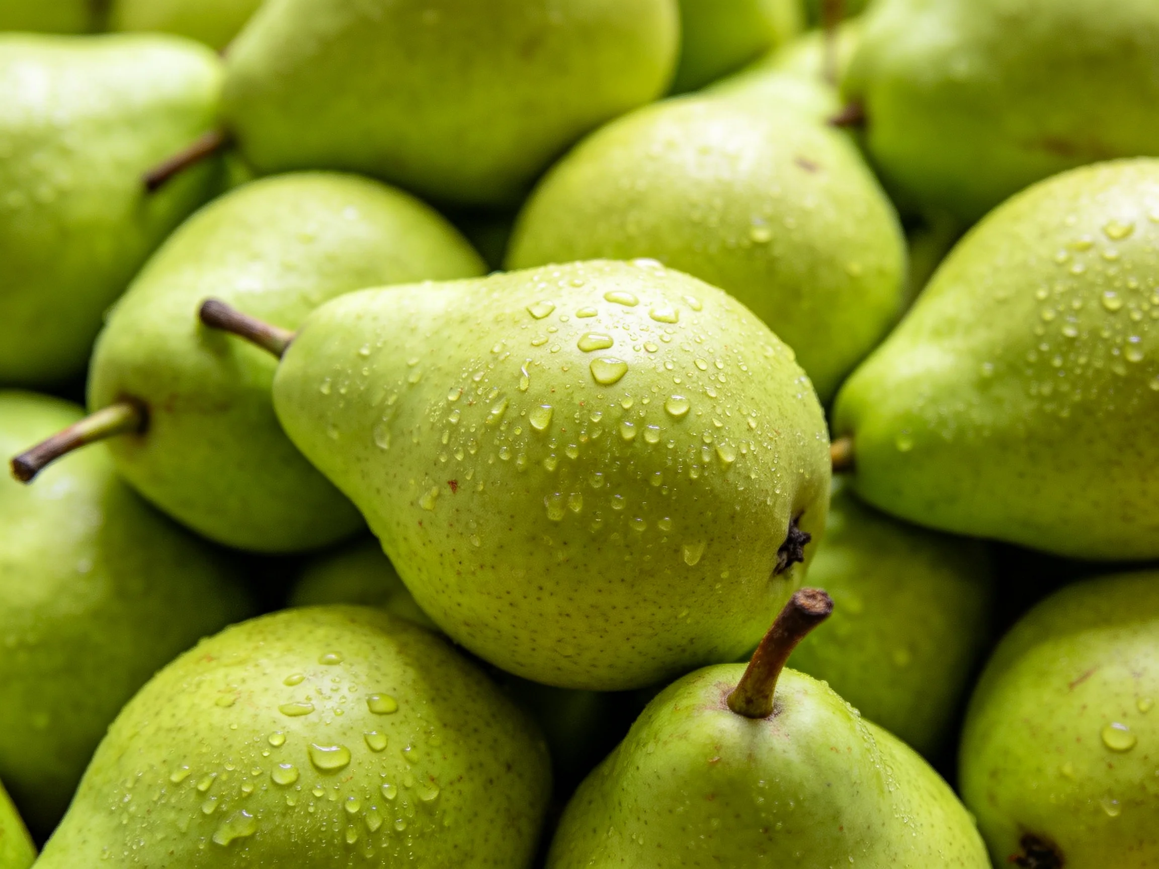 Fresh green pears with water droplets clustered closely together