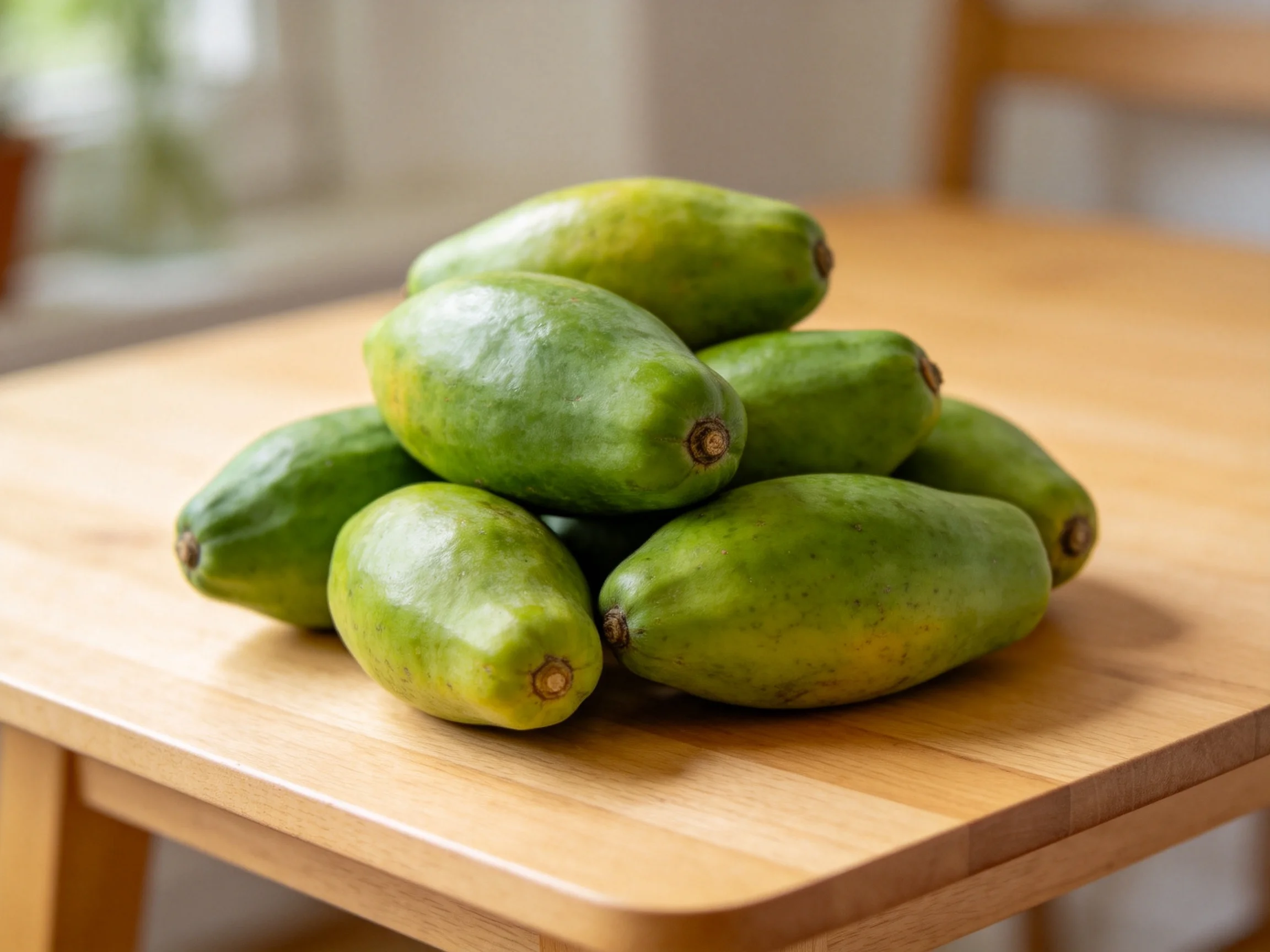 Fresh green tropical fruits piled on a wooden table