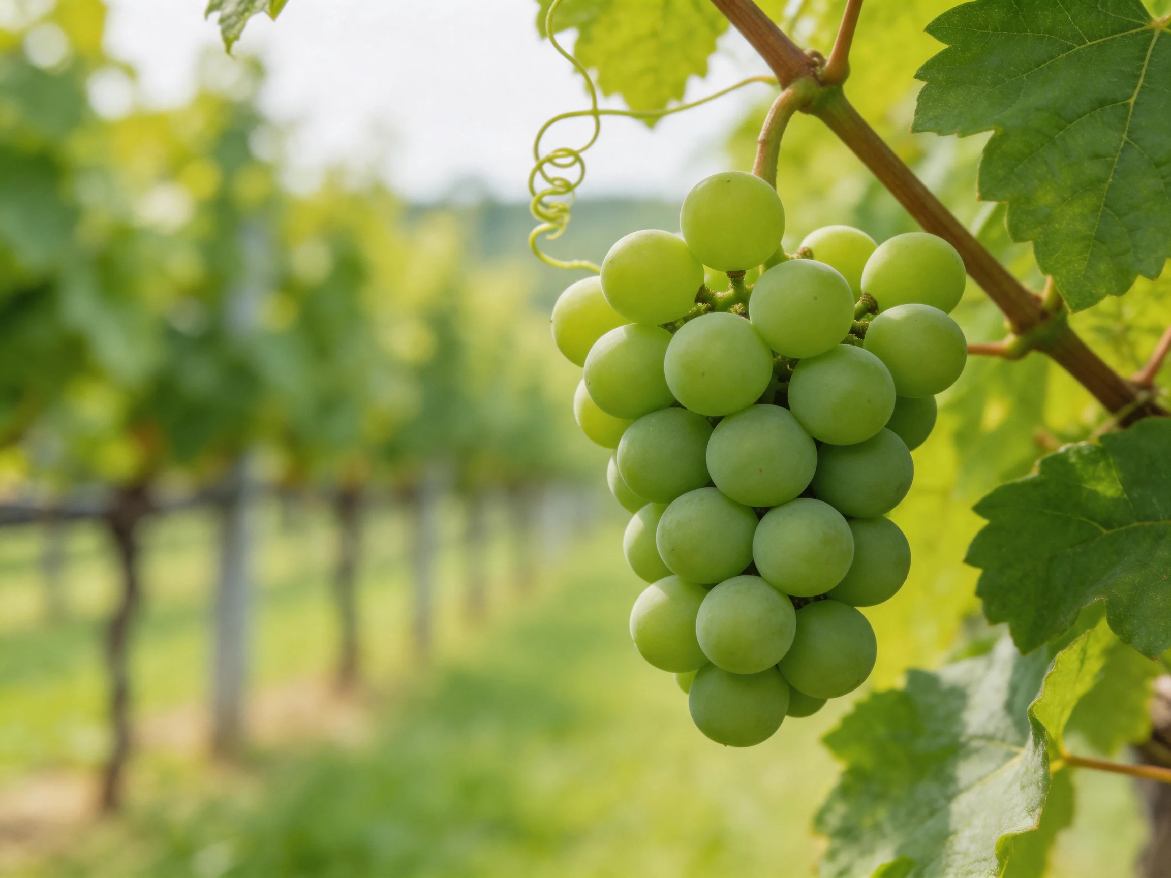 Fresh greengrape cluster hangs from vine in sunlit vineyard