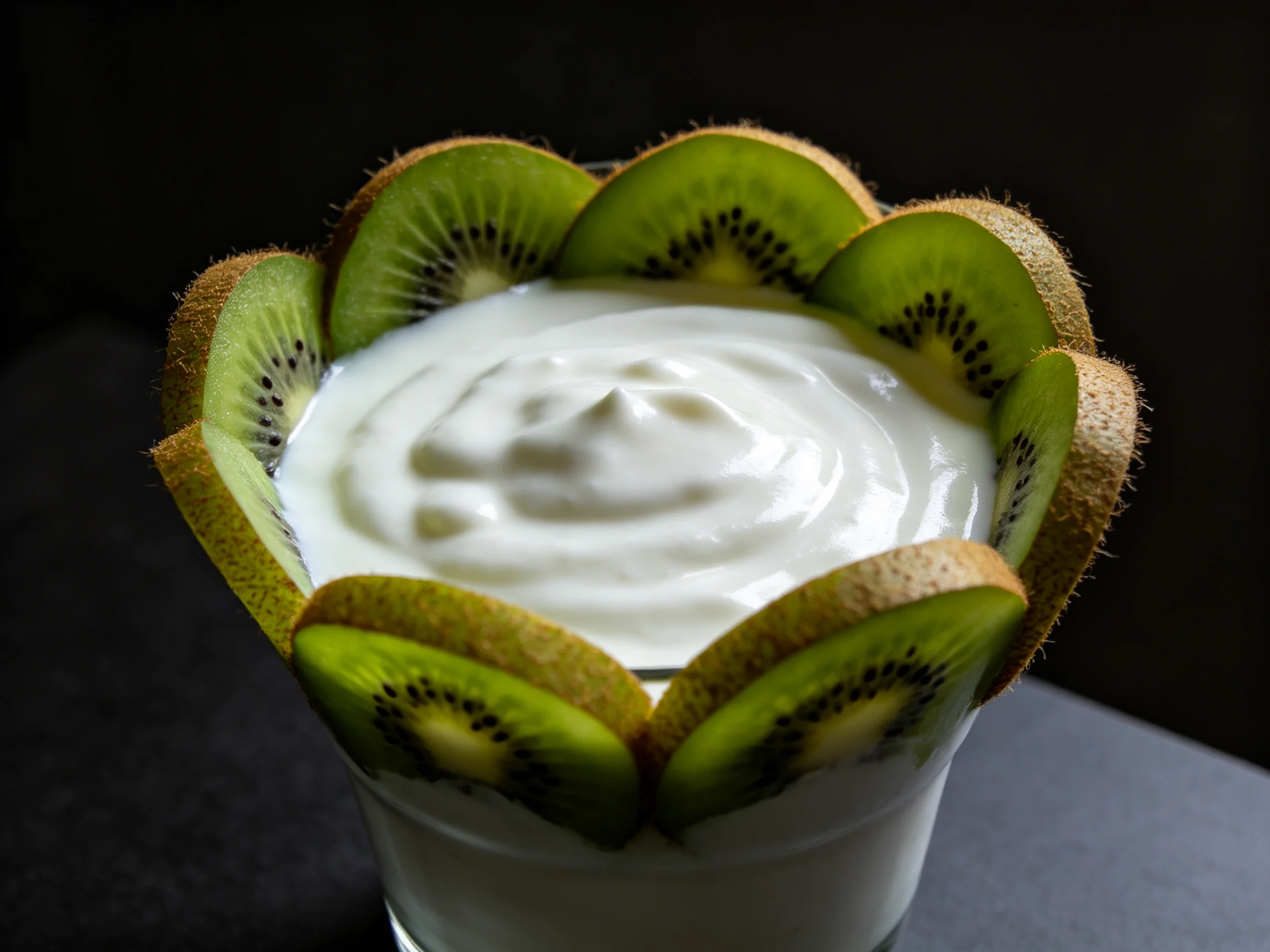 Fresh kiwi slices encircle creamy yogurt in a clear glass