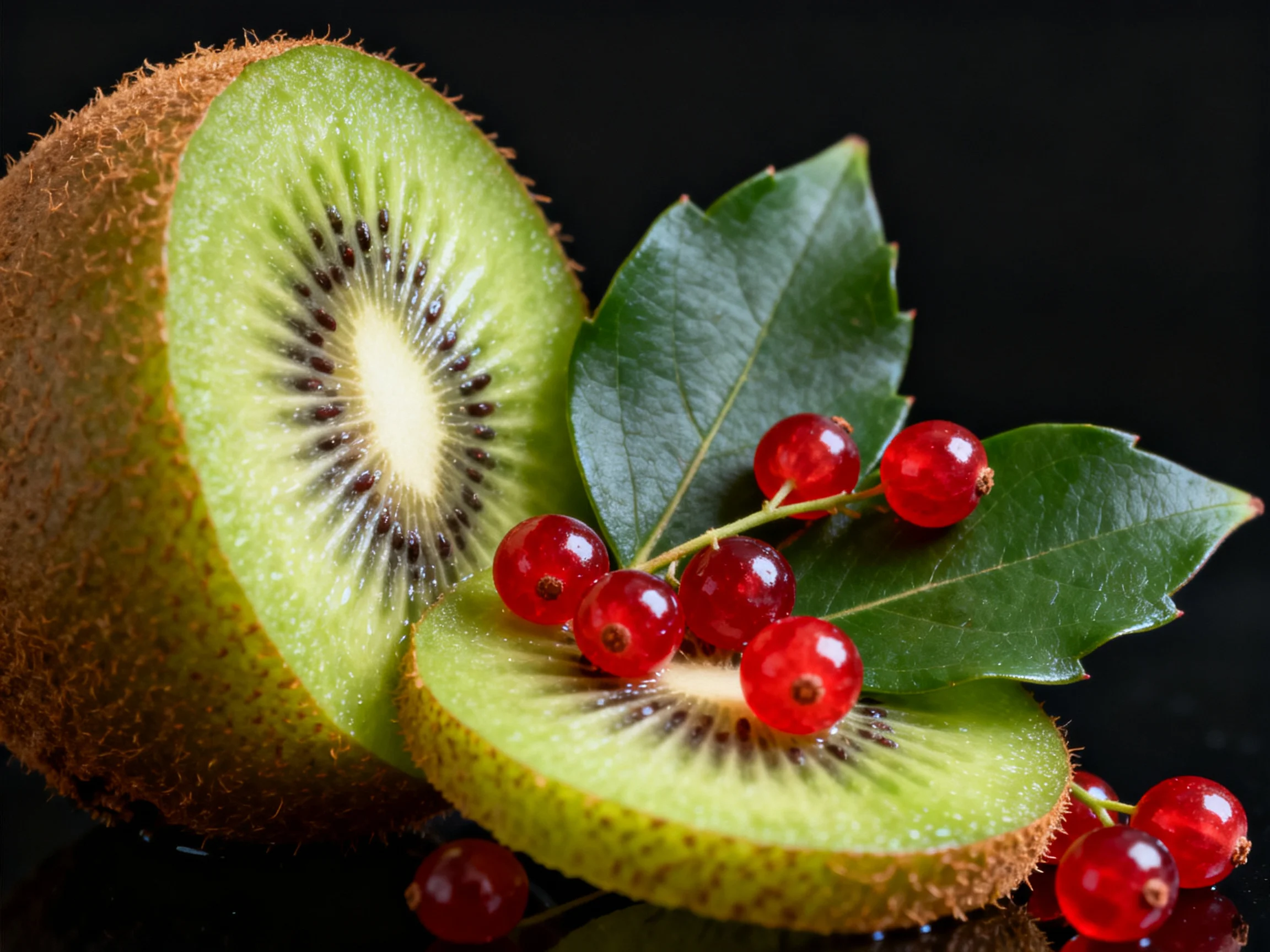 Fresh kiwi slices paired with vibrant red berries and glossy green leaves