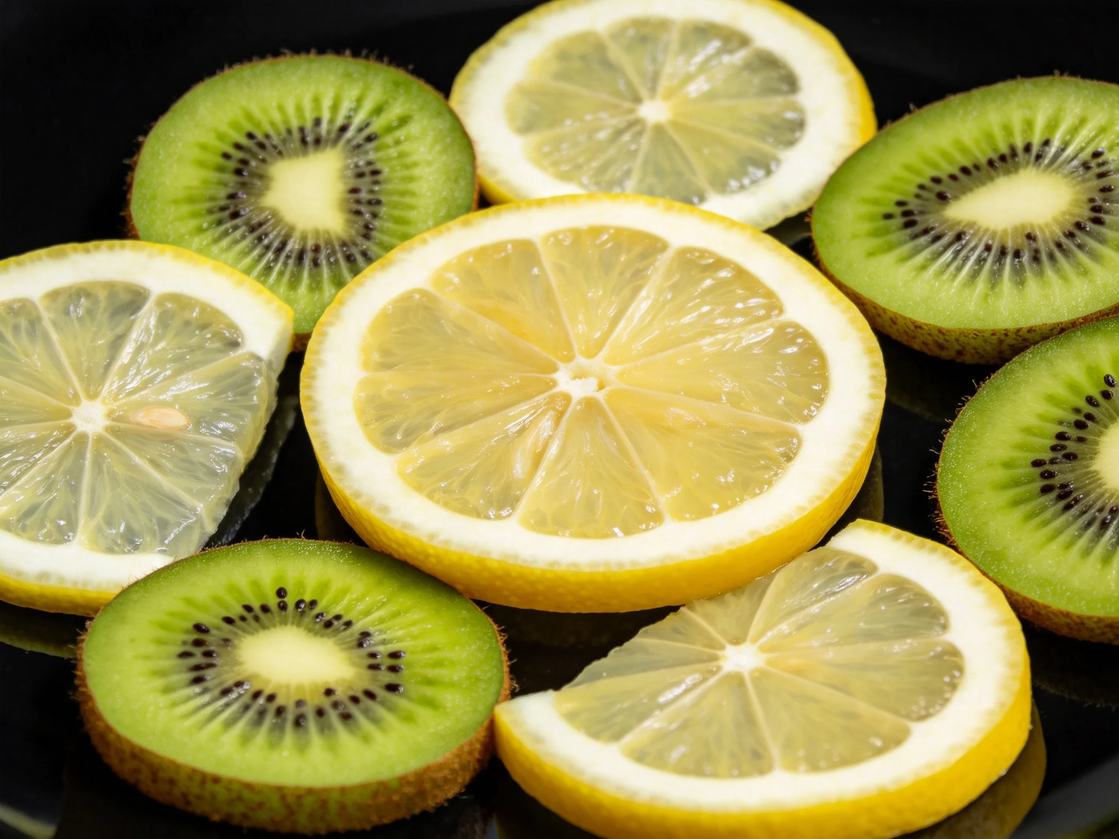 Fresh lemon and kiwi fruit slices arranged on a dark surface