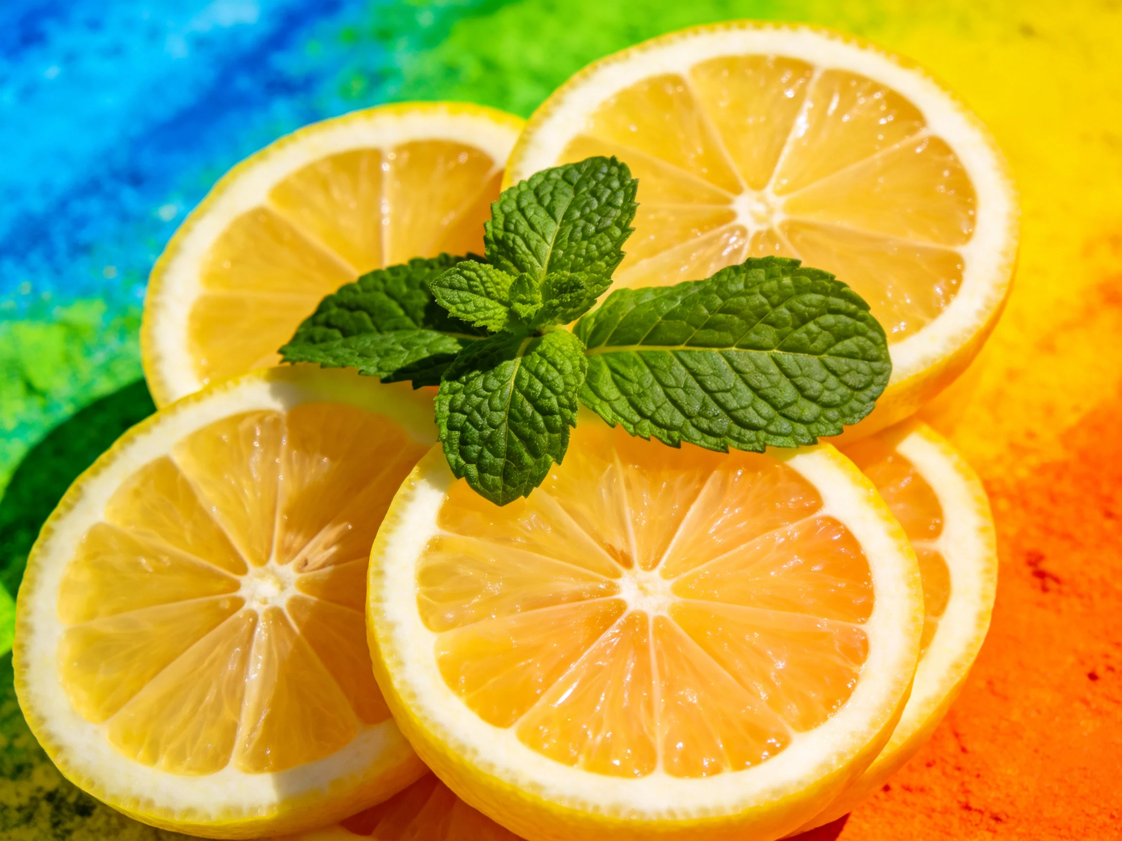 Fresh lemon slices and mint atop a vibrant multicolored surface