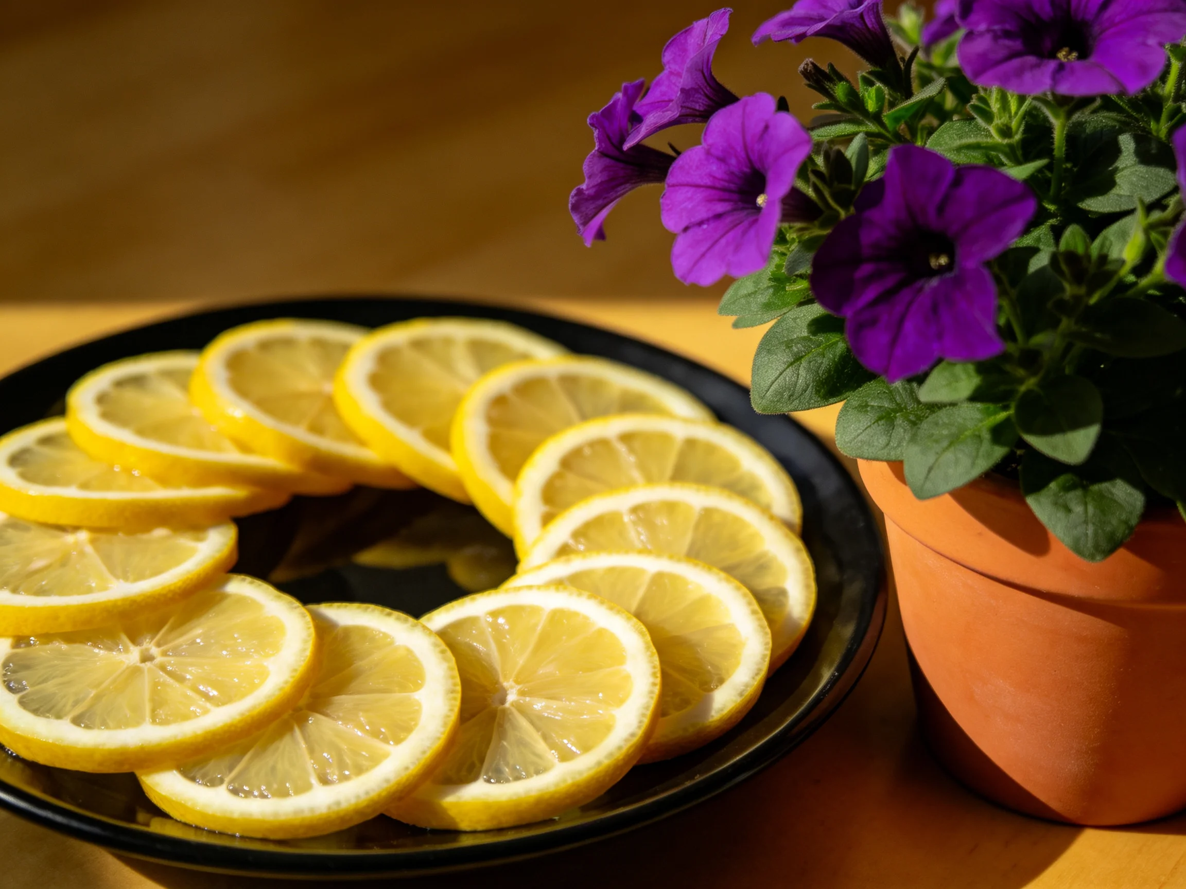 Fresh lemon slices arranged on a black plate beside vibrant purple petunias