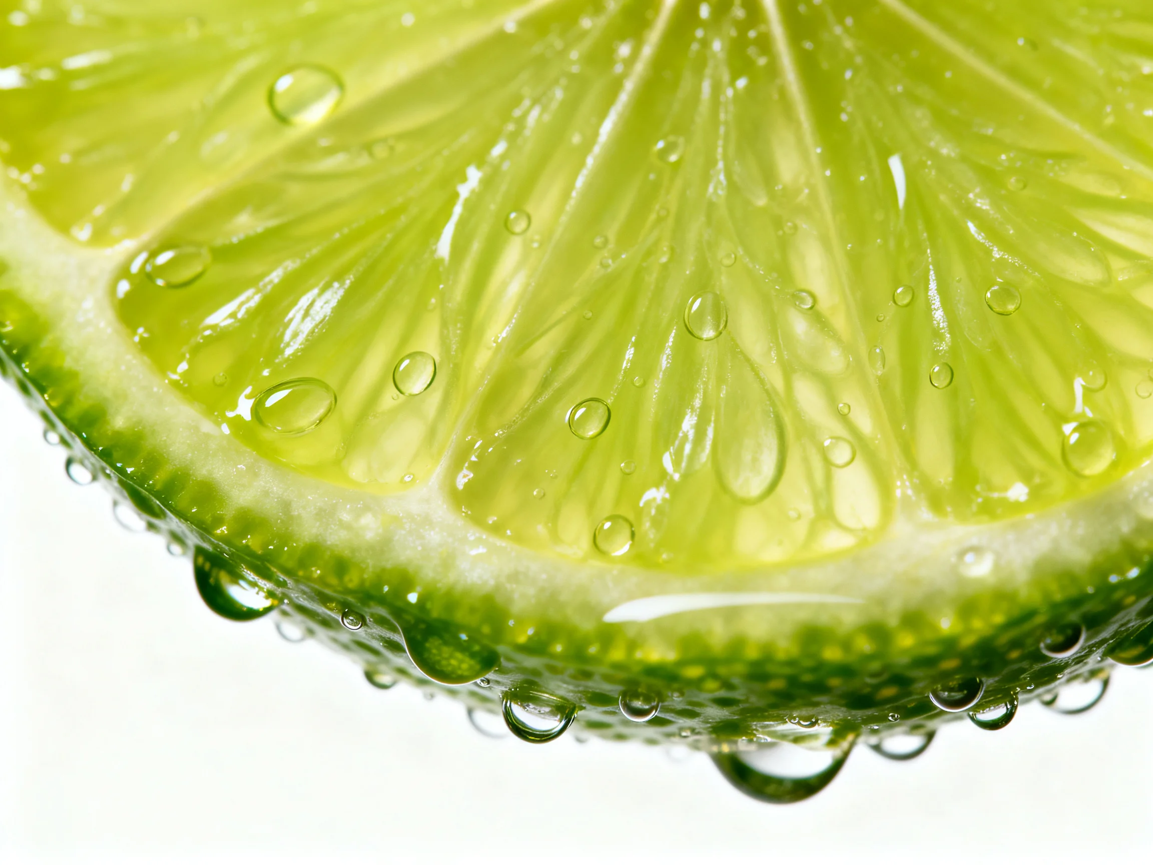 Fresh lime slice with glistening water droplets and vibrant green citrus segments