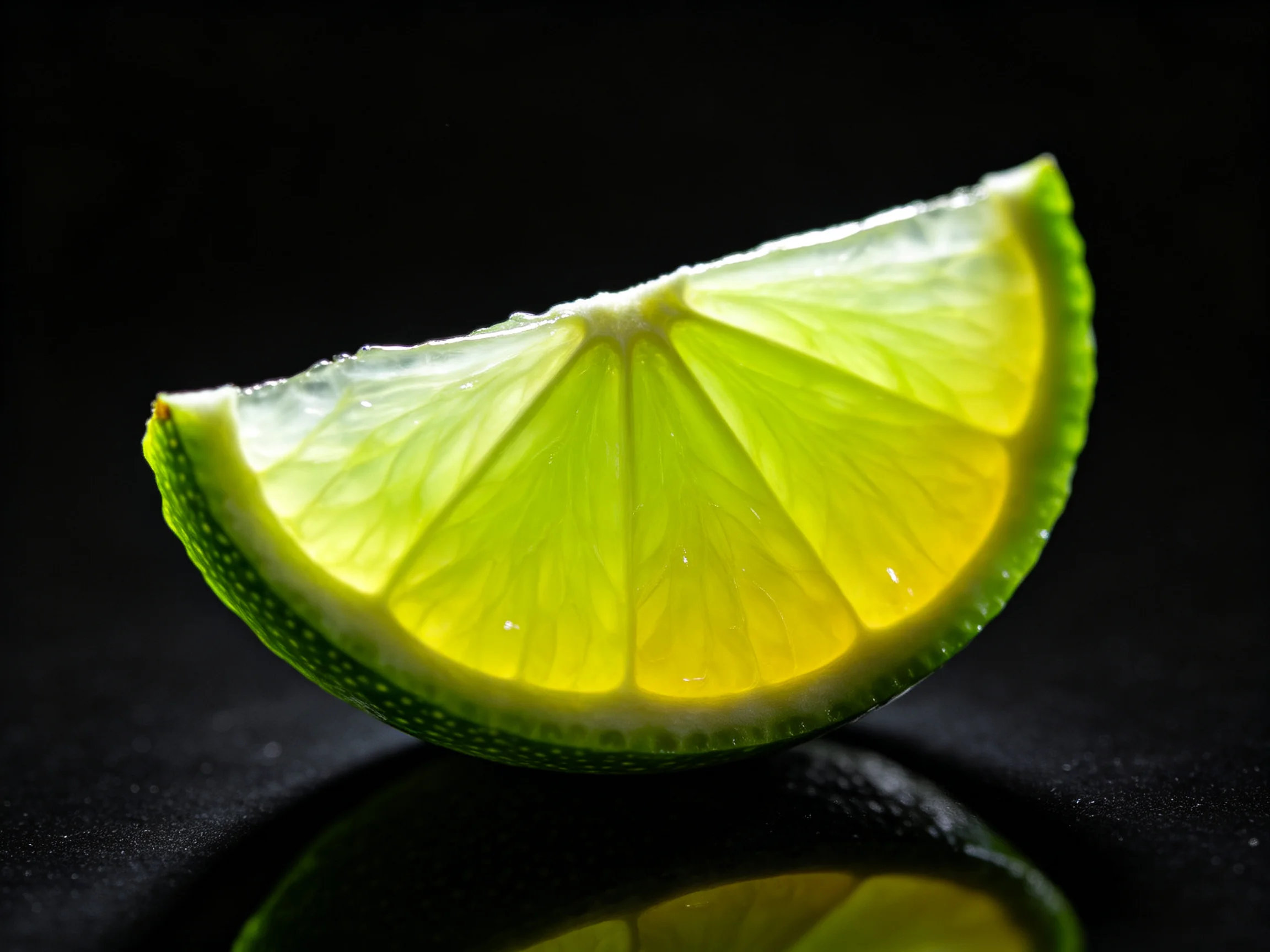 Fresh lime wedge with glossy green rind and translucent yellow flesh