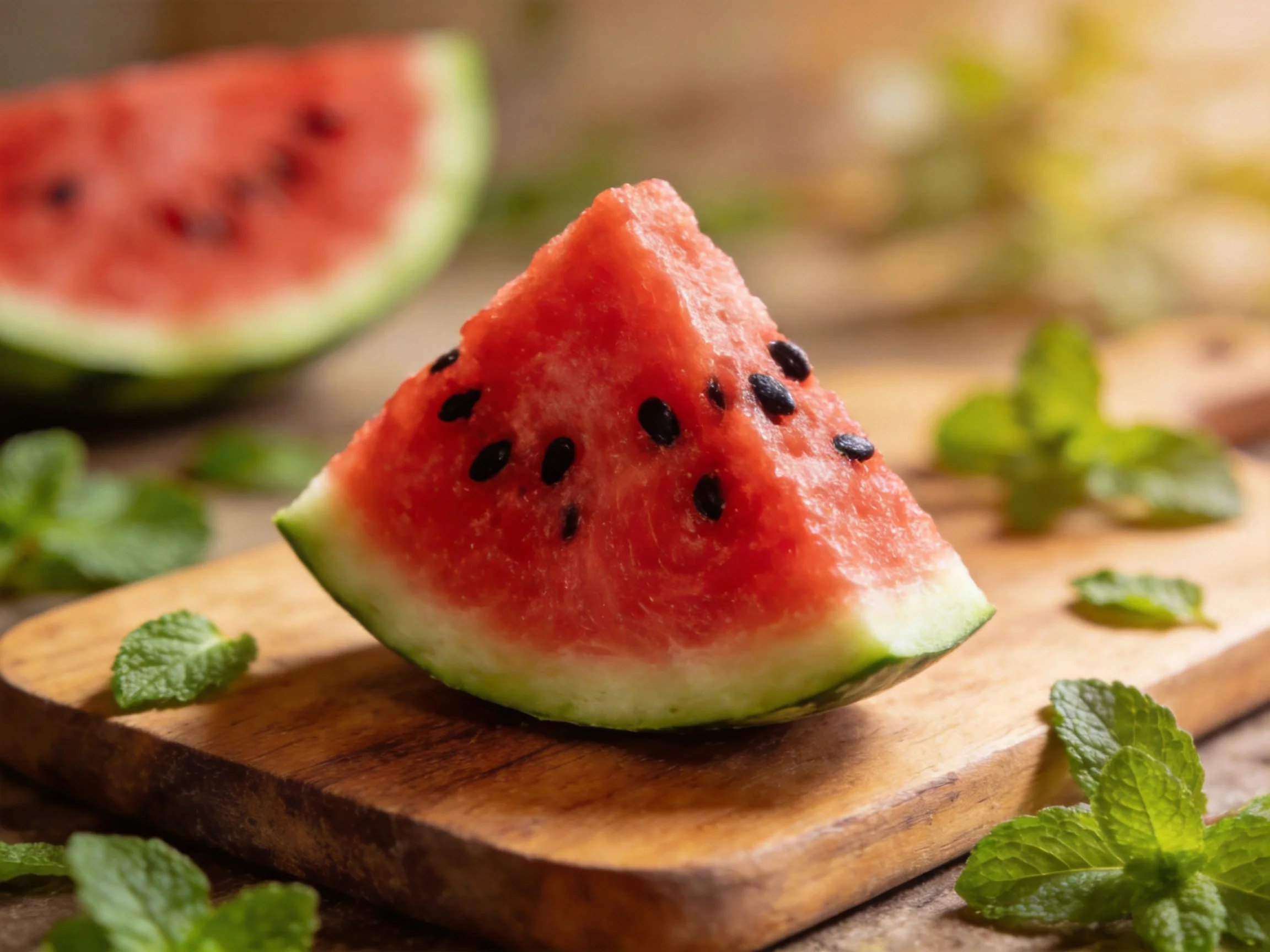 Fresh mint accompanies a vibrant watermelon slice on a wooden board