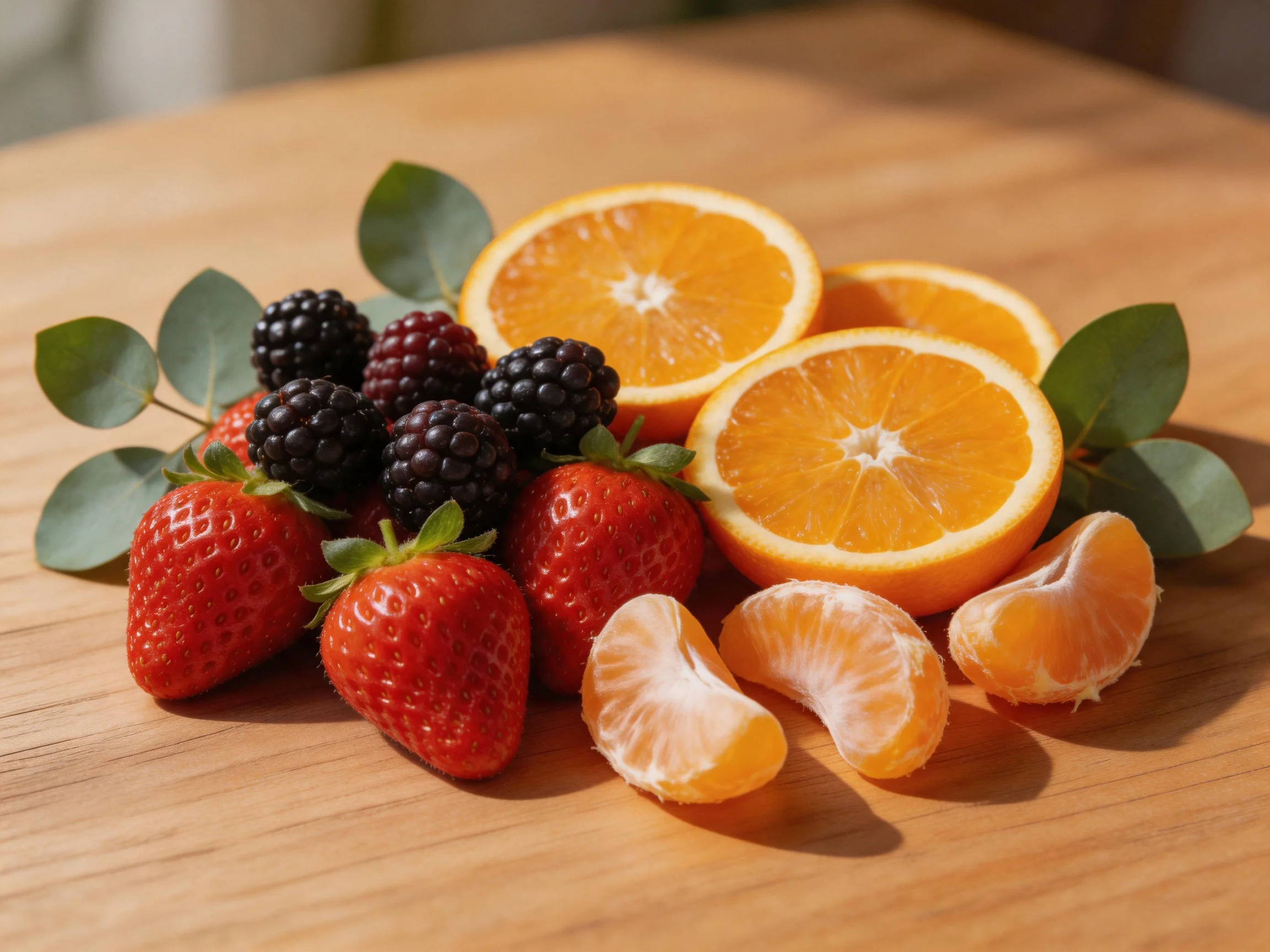 Fresh mixed berries and citrus fruits displayed on a wooden surface