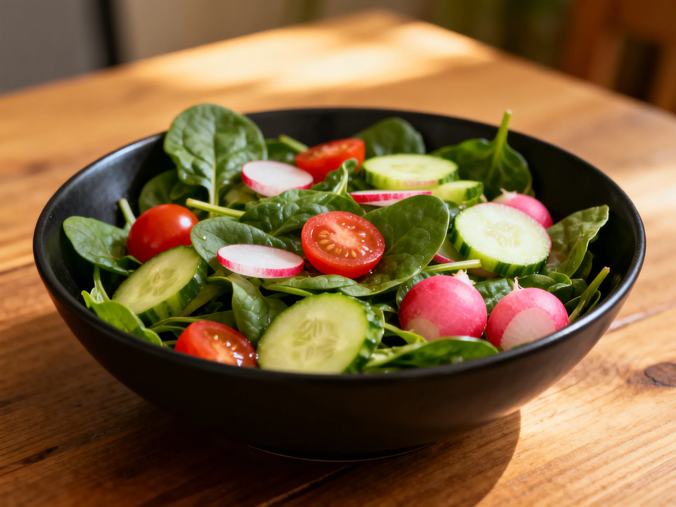 Fresh mixed greens salad with cherry tomatoes, radishes, and cucumber slices