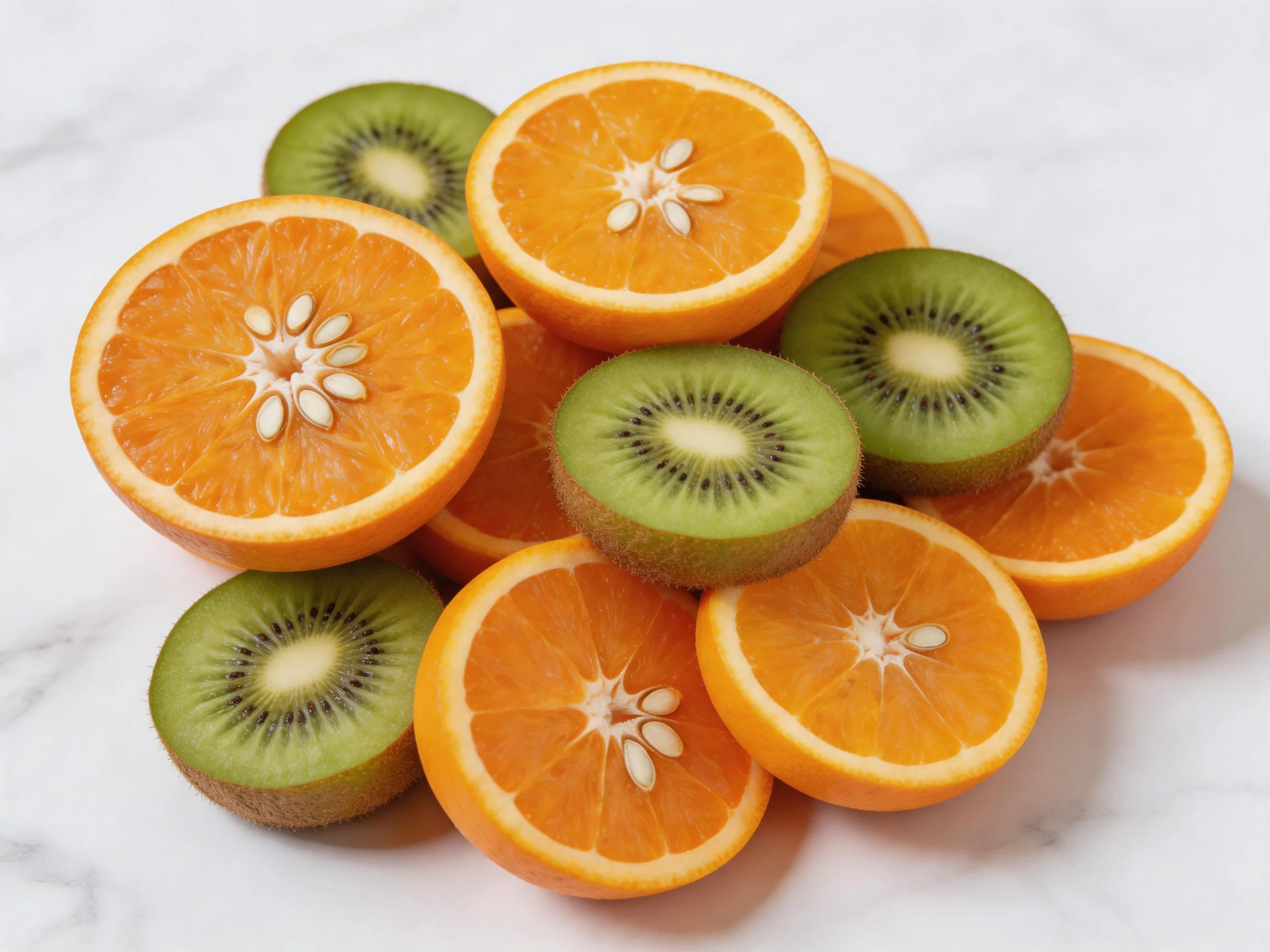 Fresh orange citrus halves and green kiwi slices arranged on a white surface