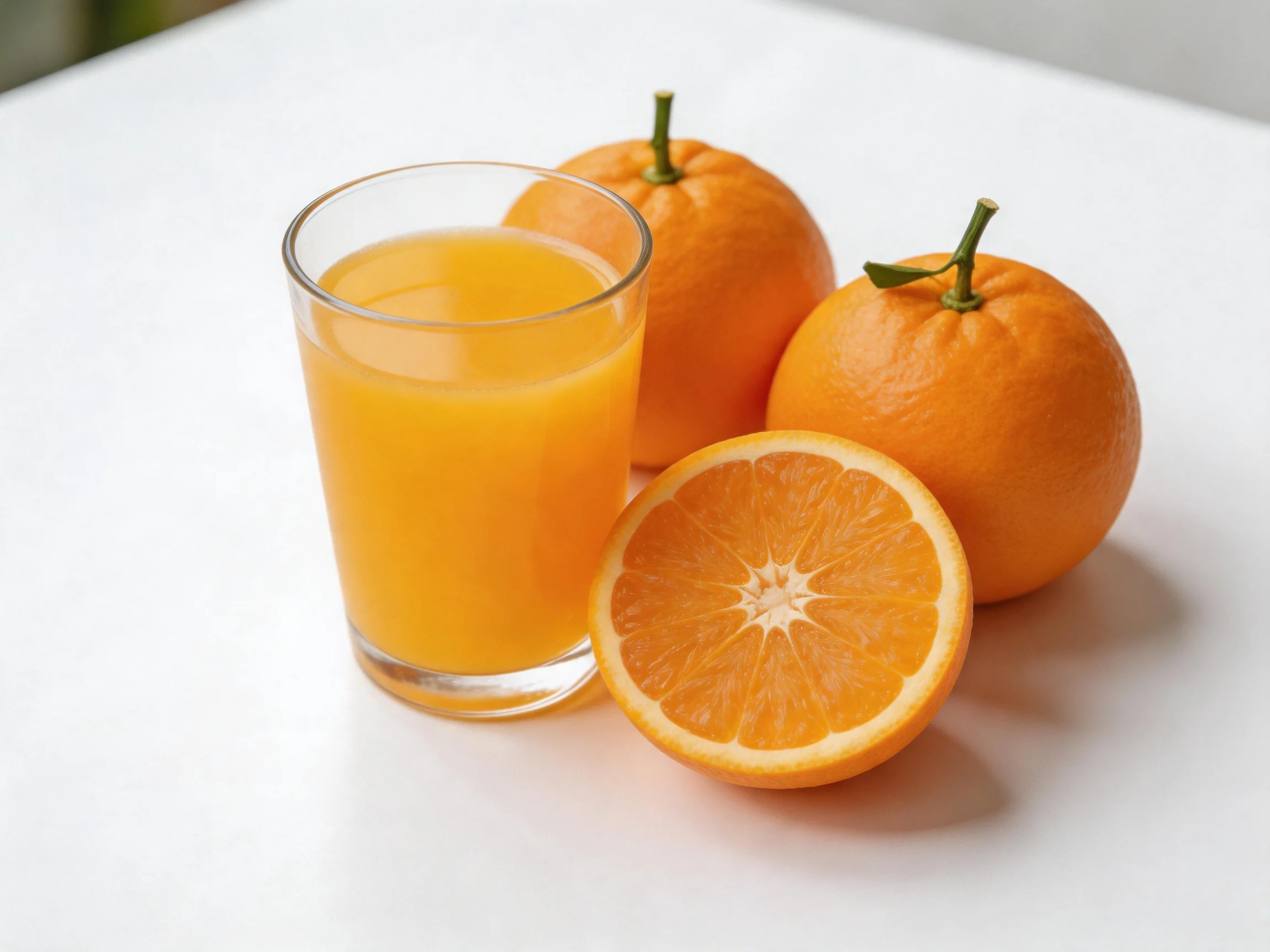 Fresh orange juice beside three oranges, one halved