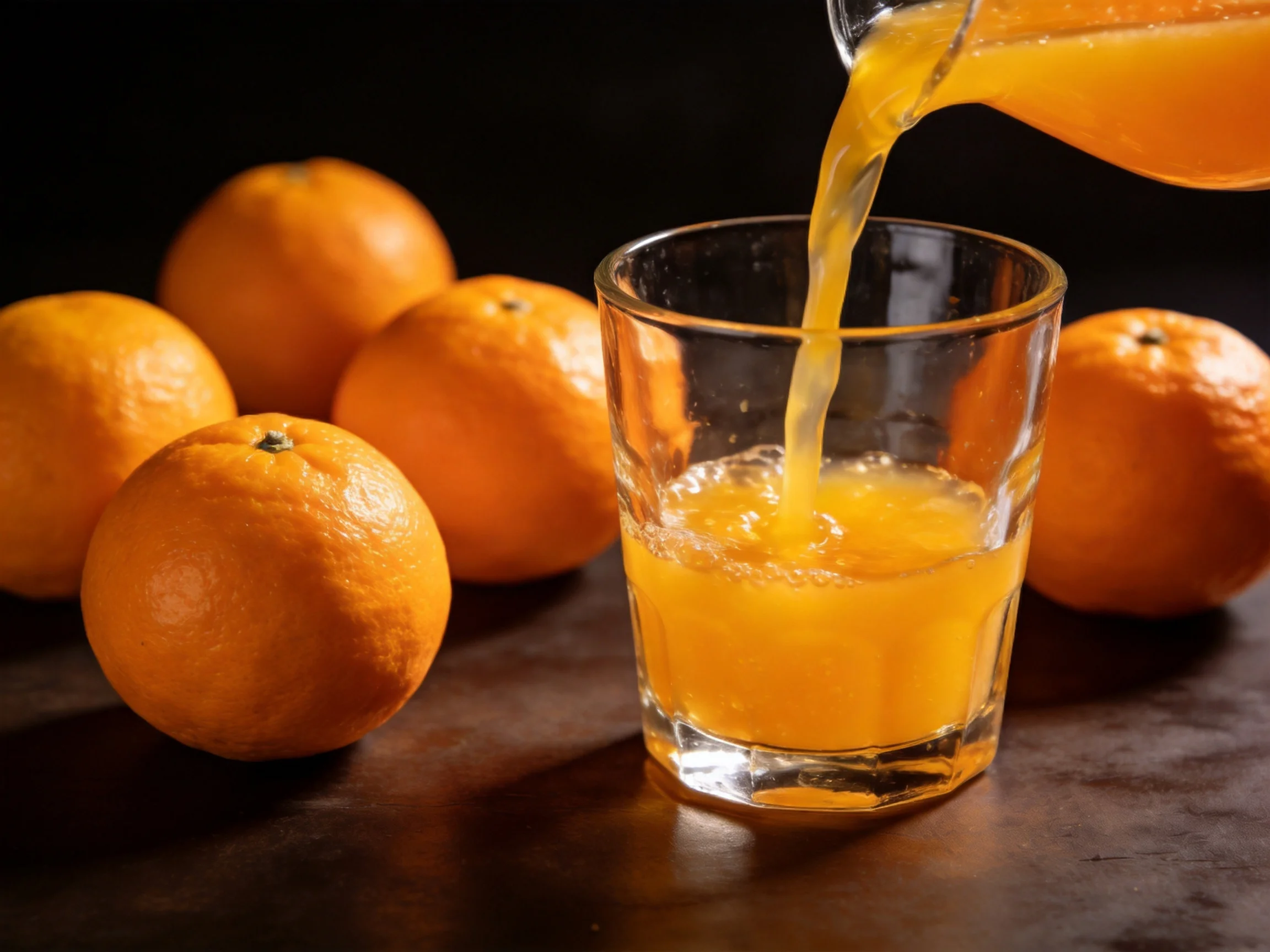 Fresh orange juice pouring beside several whole oranges