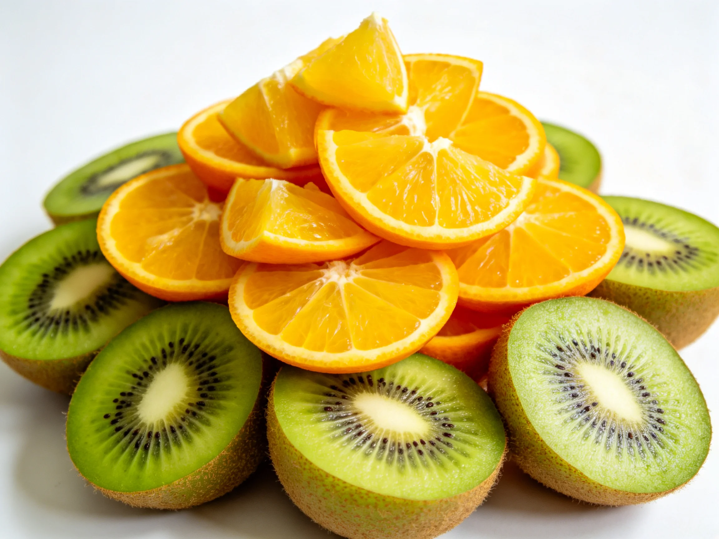 Fresh orange slices and green kiwi halves arranged together