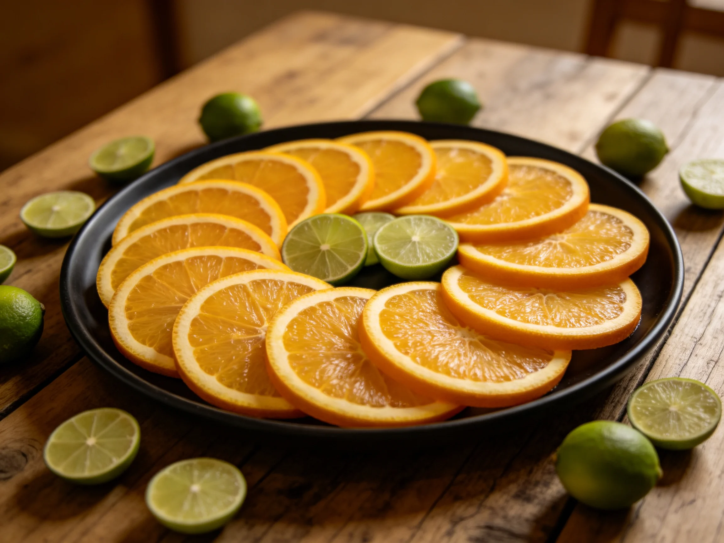 Fresh orange slices and lime halves arranged on a dark plate atop rustic wood.