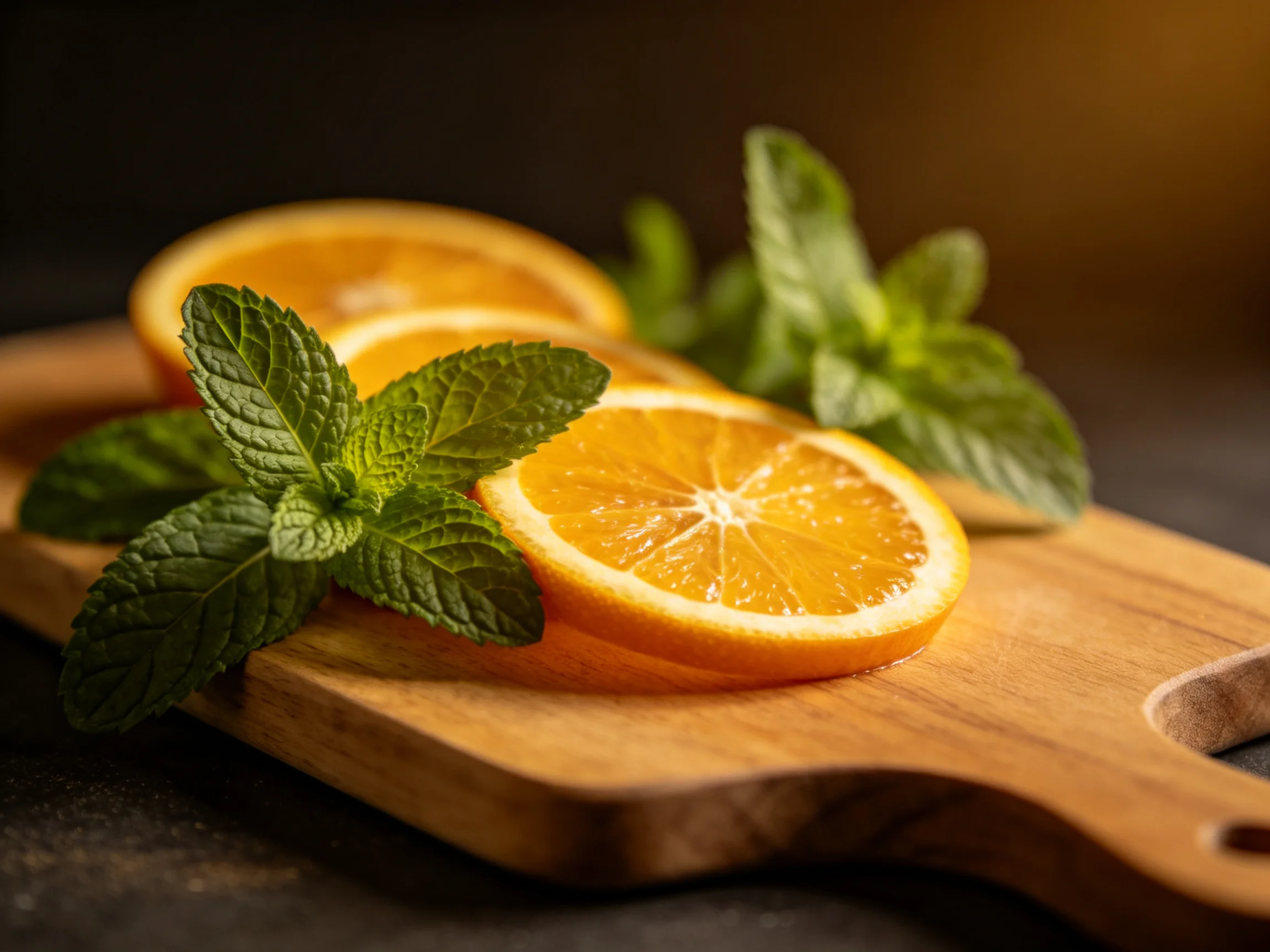 Fresh orange slices and mint leaves arranged on a wooden cutting board