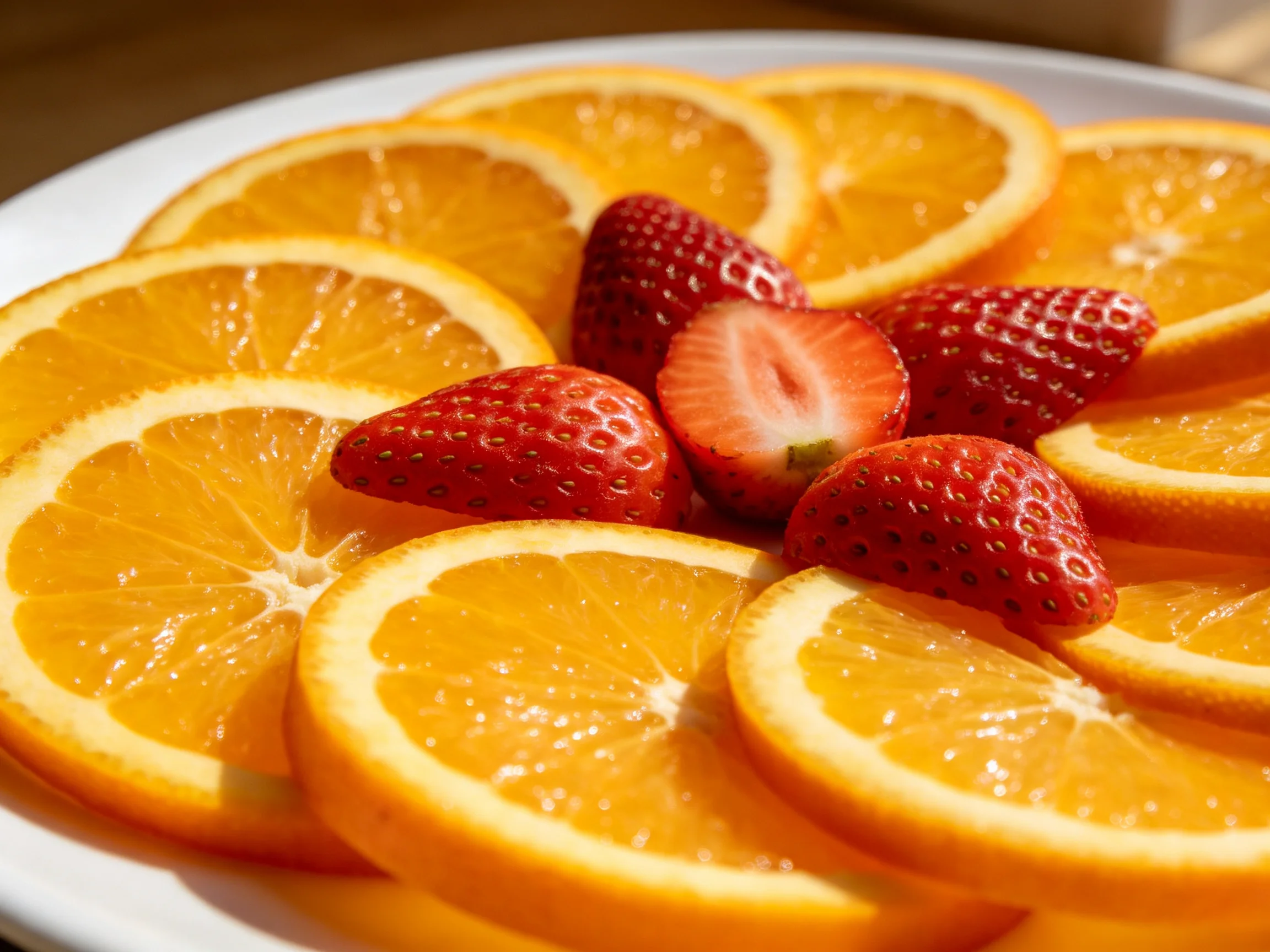 Fresh orange slices arranged with ripe strawberries on a white plate