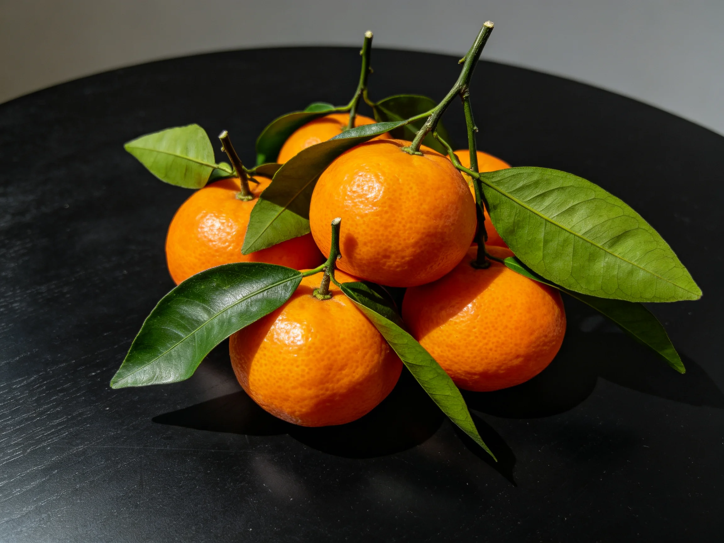 Fresh oranges with green leaves arranged on a glossy black surface