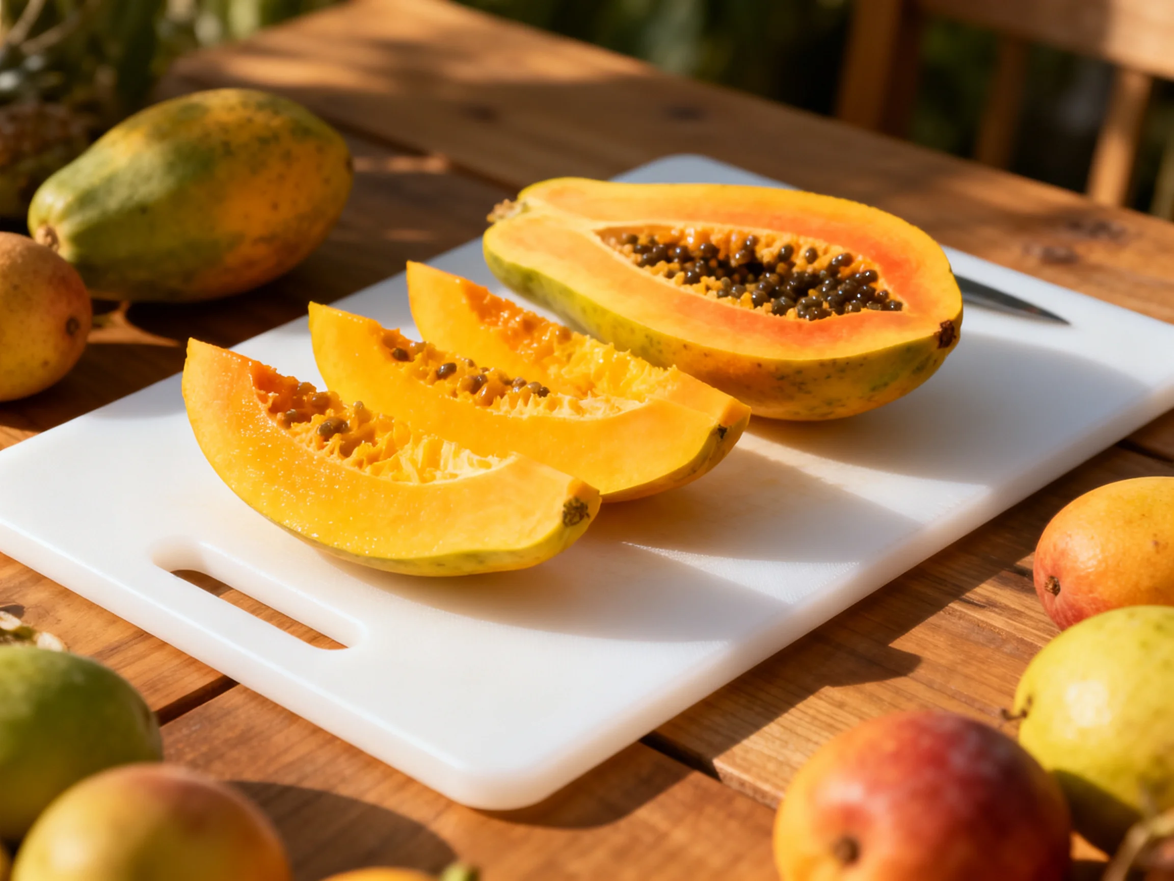 Fresh papaya slices on white cutting board with tropical fruits