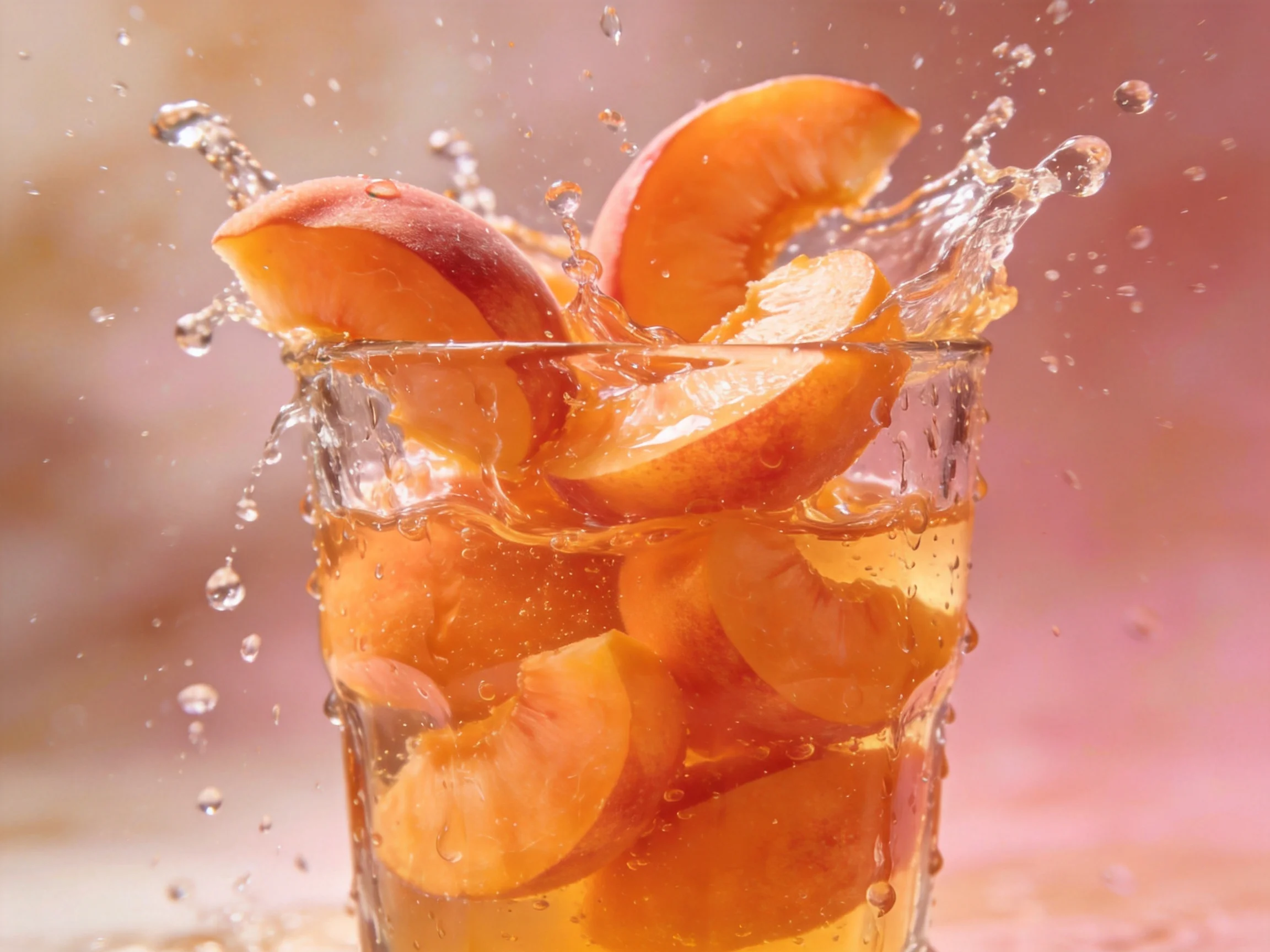 Fresh peach slices splashing into a glass of golden liquid