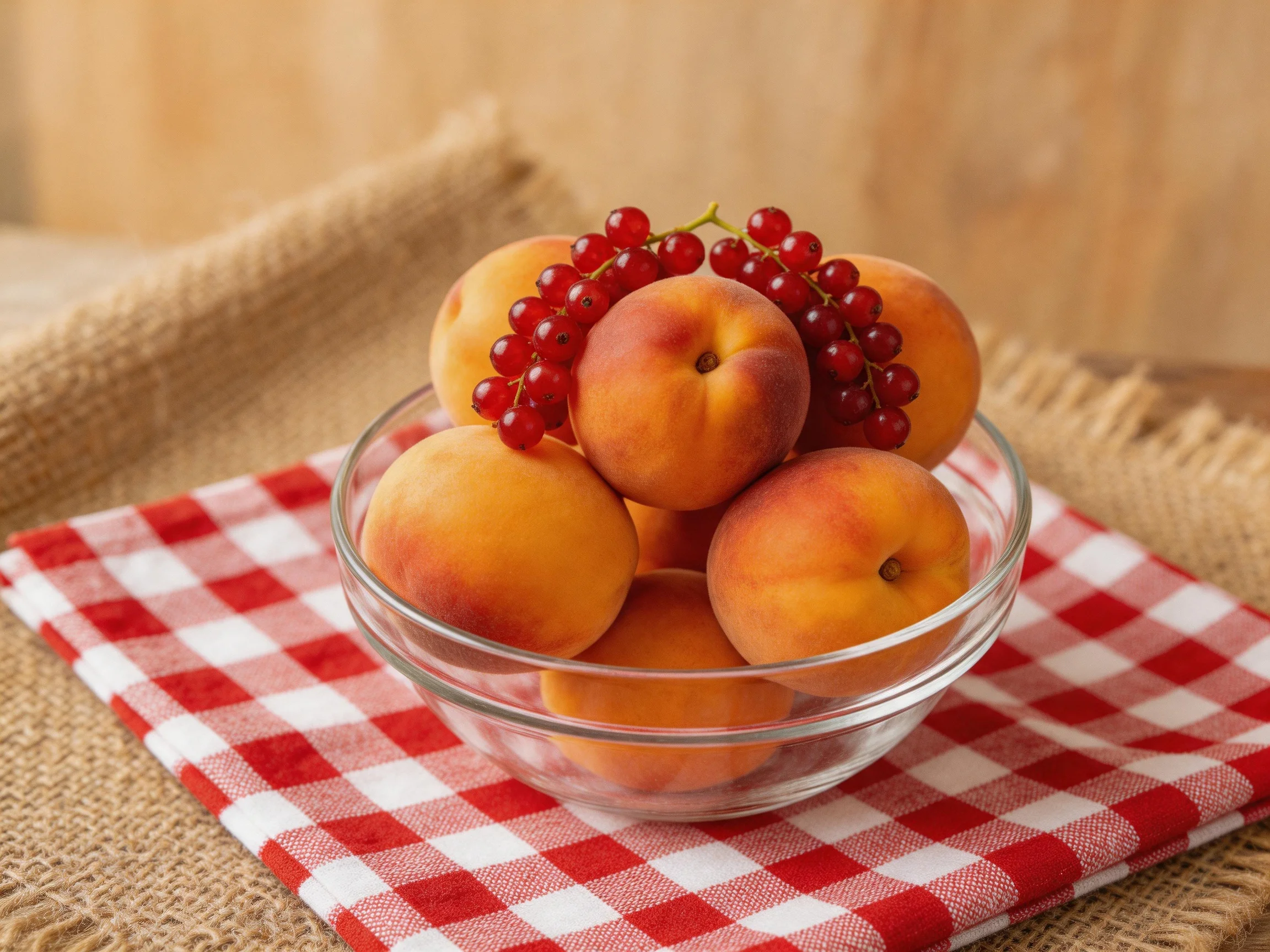 Fresh peaches and red currants in a glass bowl on a checkered cloth