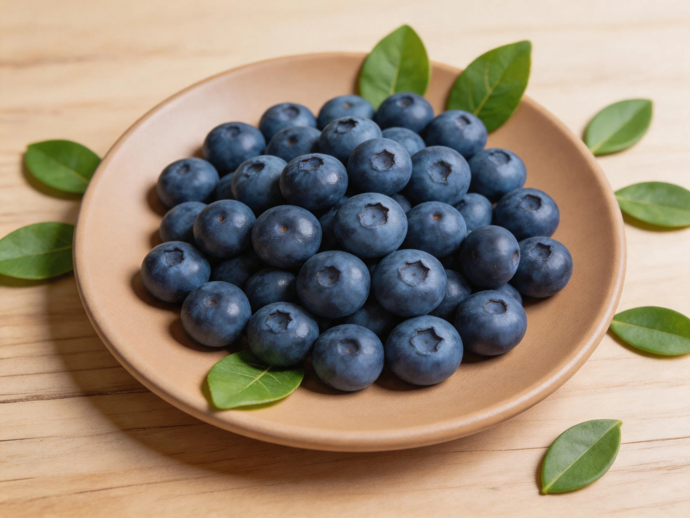Fresh plump blueberries in a tan bowl with green leaves on wood