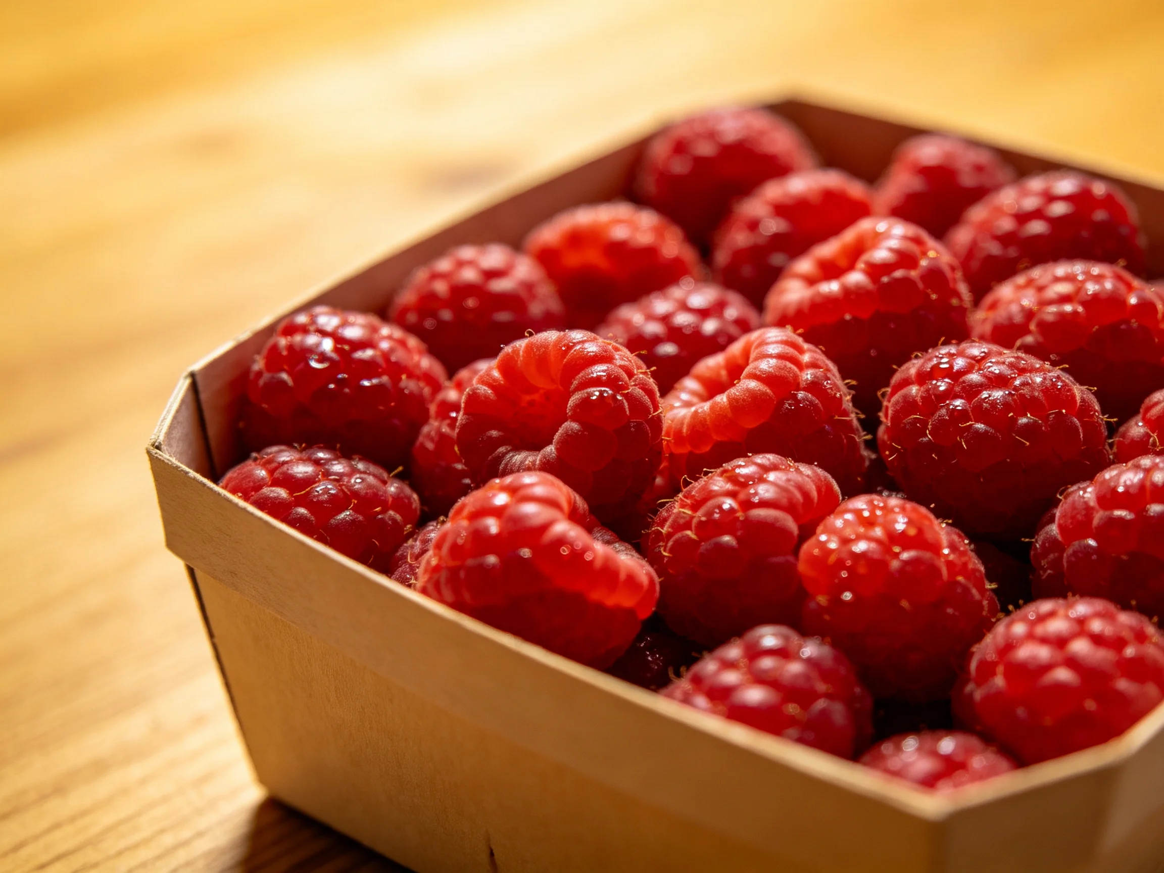 Fresh plump red raspberries fill a brown cardboard container on a wooden surface