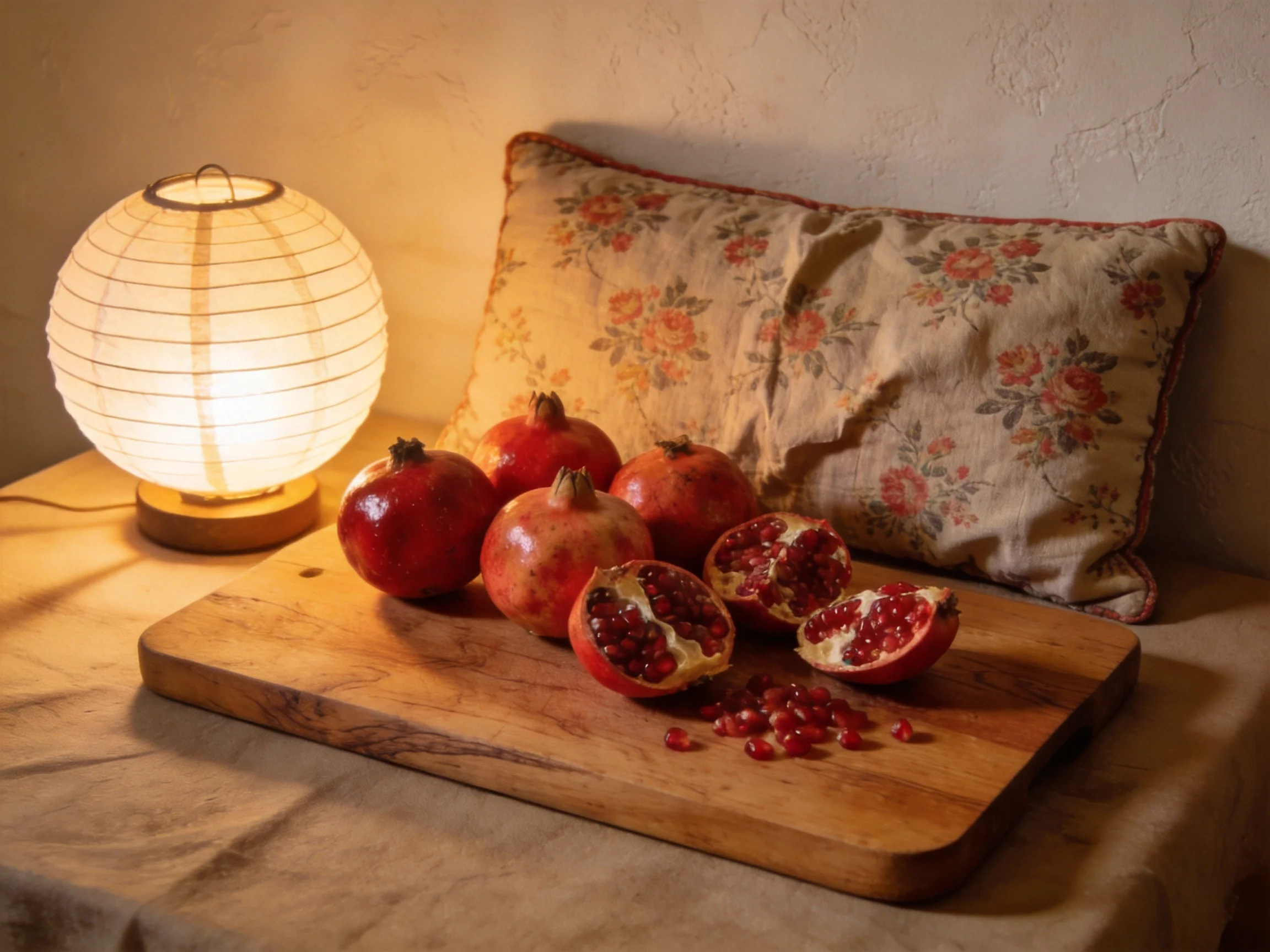 Fresh pomegranates on a wooden board near a glowing lantern