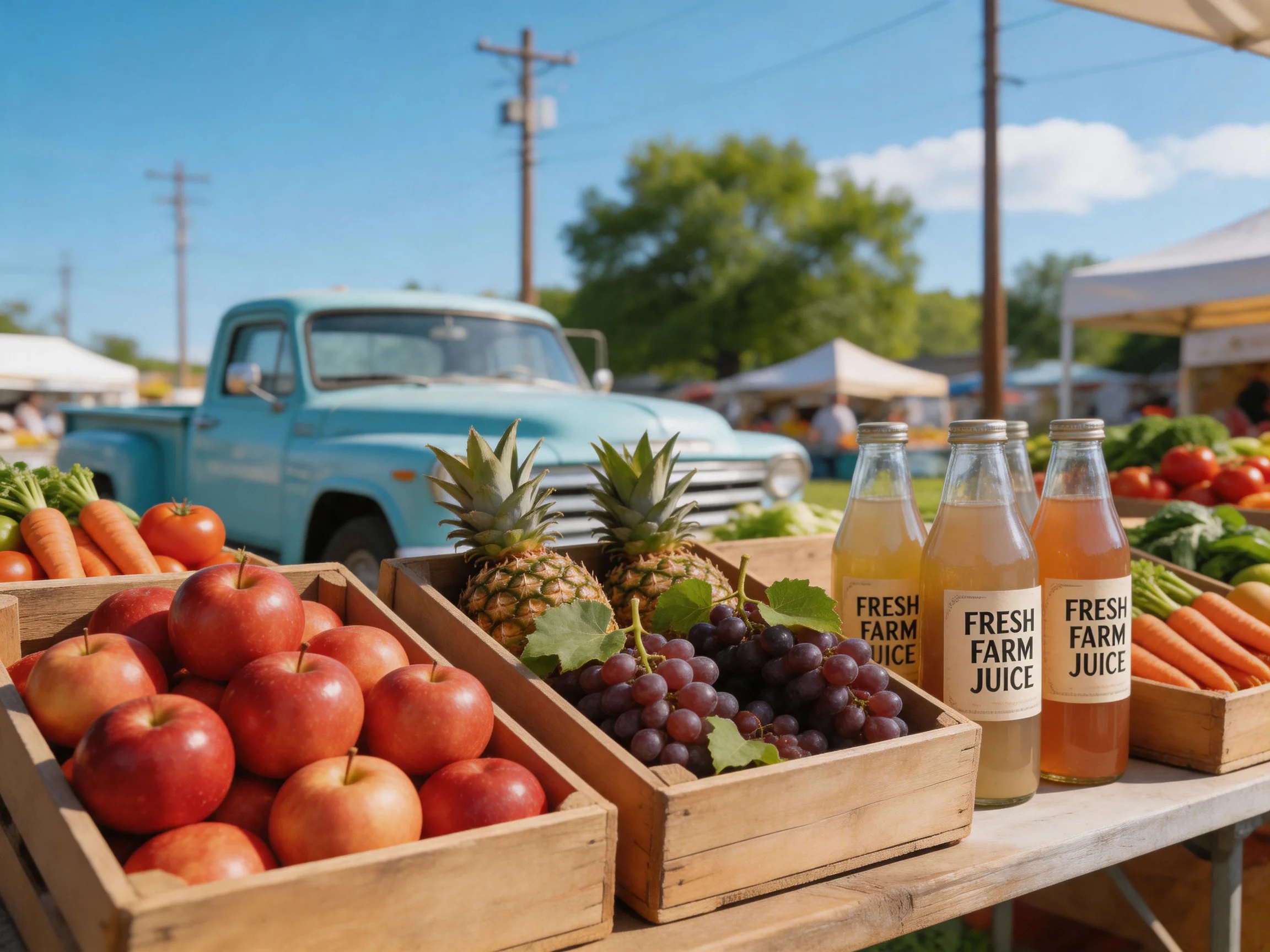 Fresh produce and farm juice displayed near a vintage blue truck