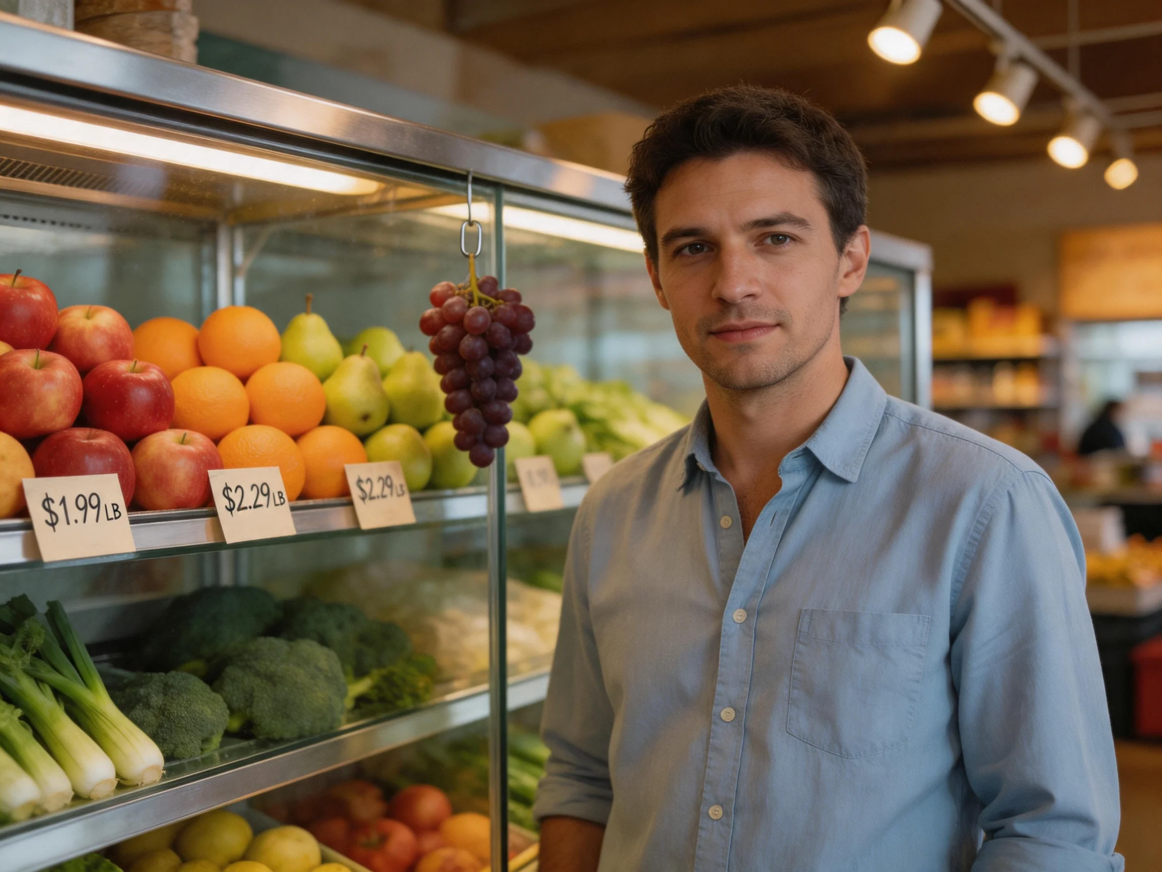 Fresh produce display with apples, oranges, and grapes