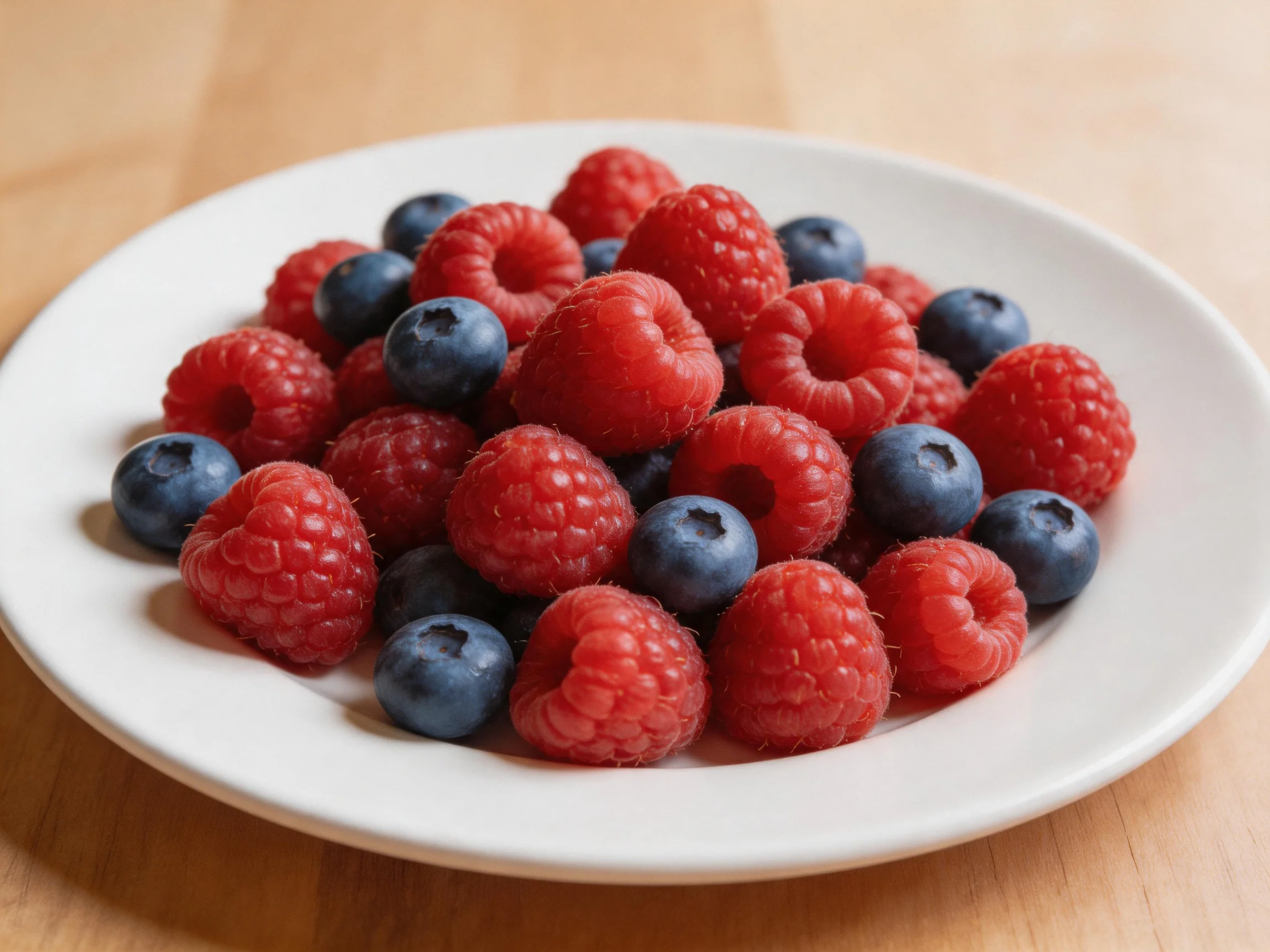 Fresh raspberries and blueberries arranged on a white plate