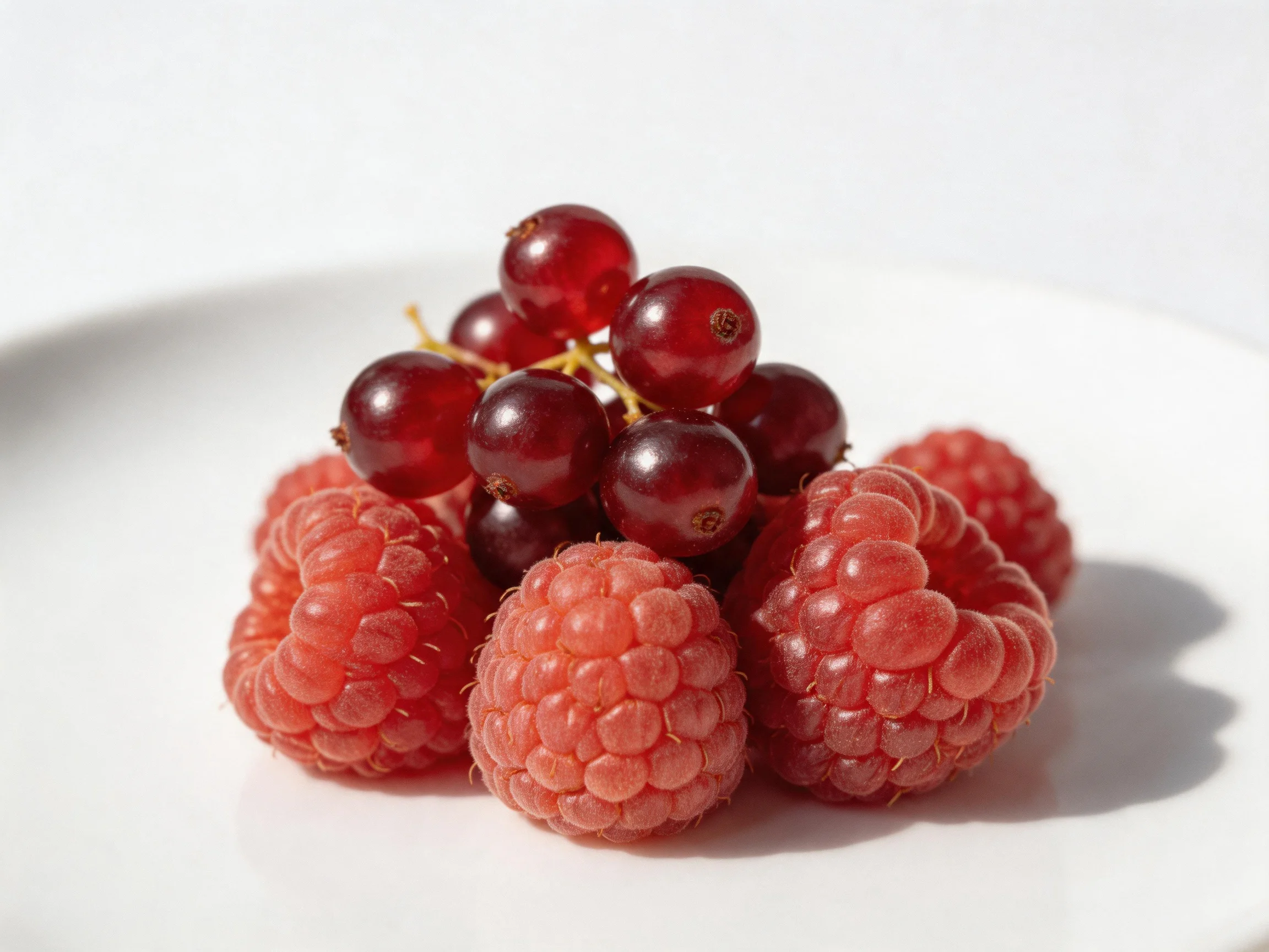 Fresh raspberries and dark red currants arranged on a white plate