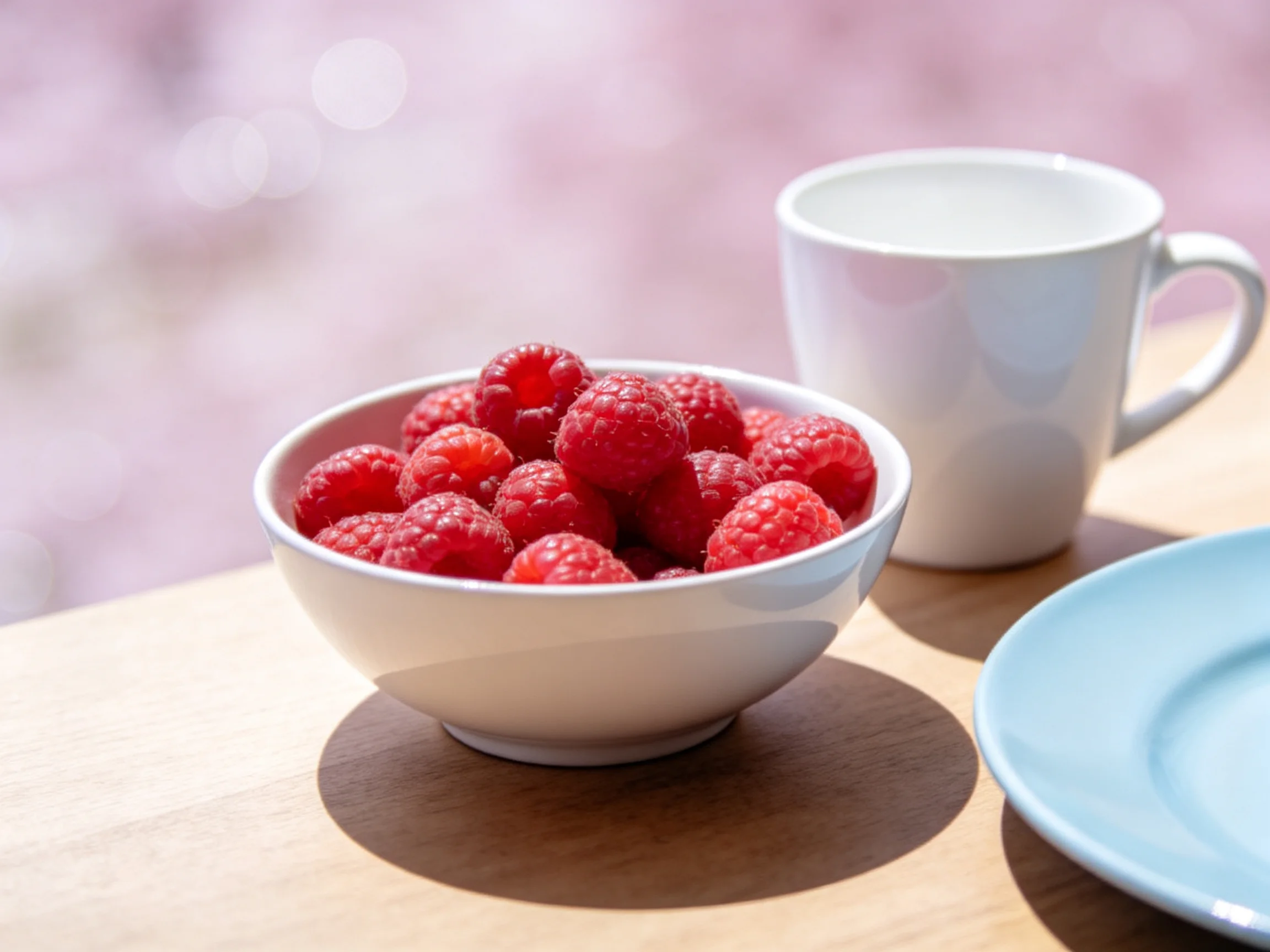 Fresh raspberries fill a white bowl near a white mug and blue plate on wood.