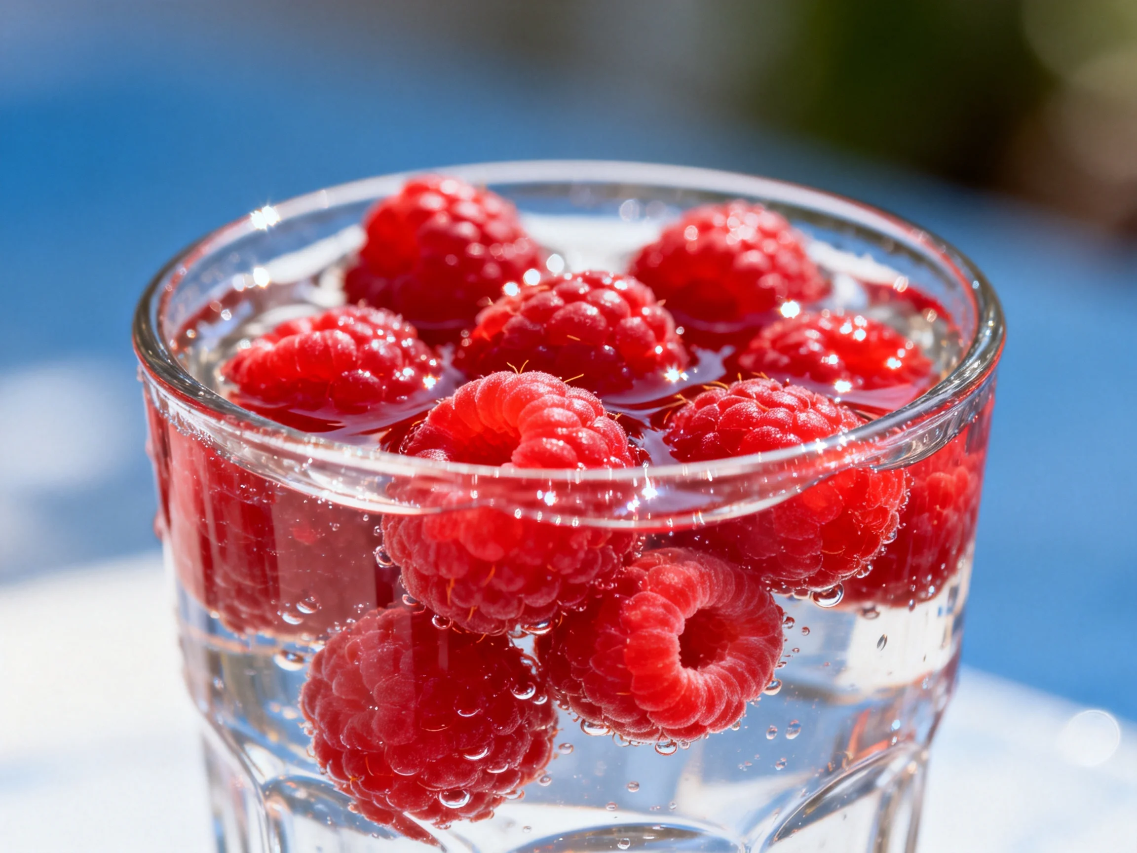 Fresh raspberries floating in a clear glass of sparkling water