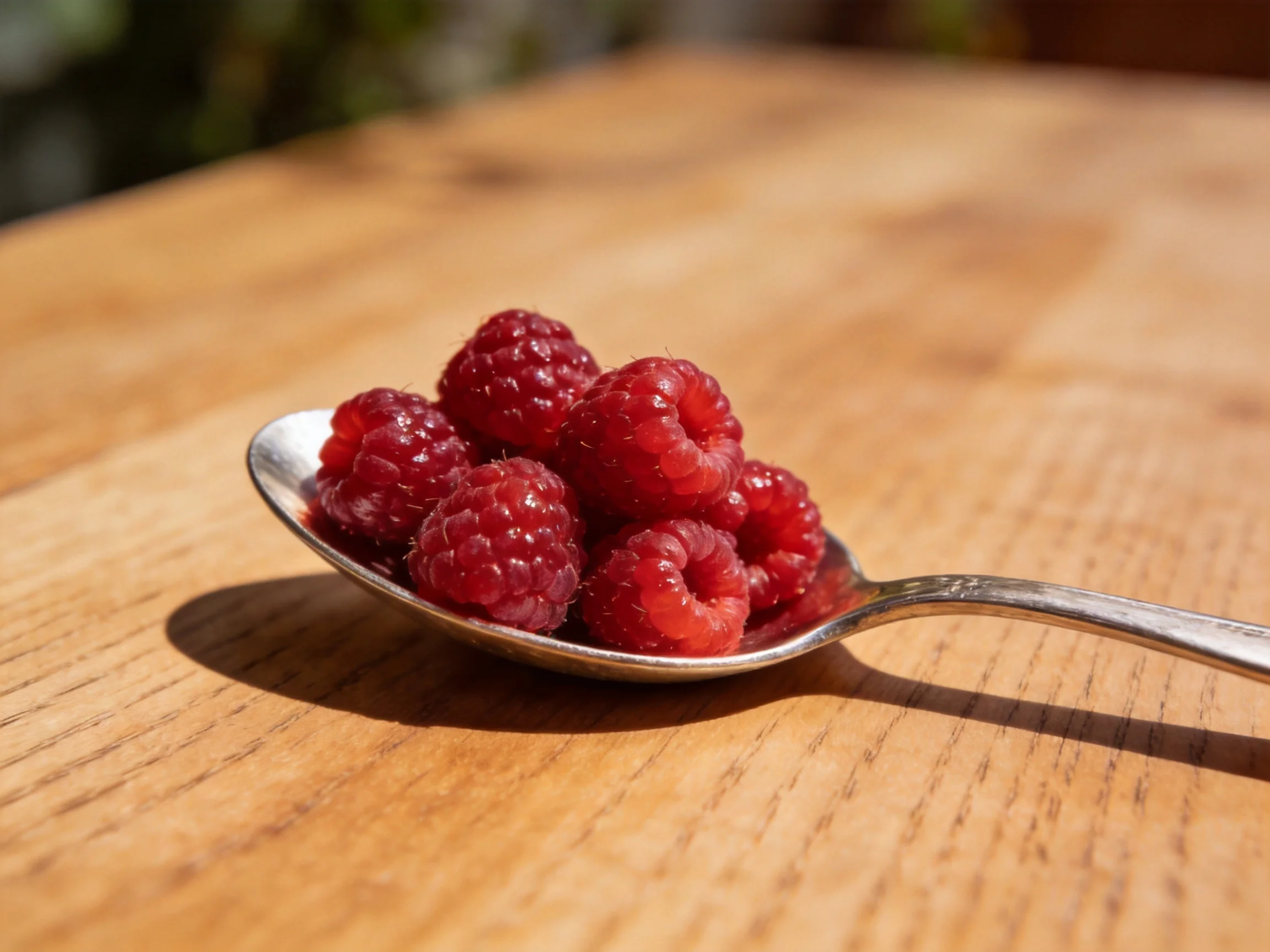 Fresh raspberries piled on a silver spoon atop a wooden table