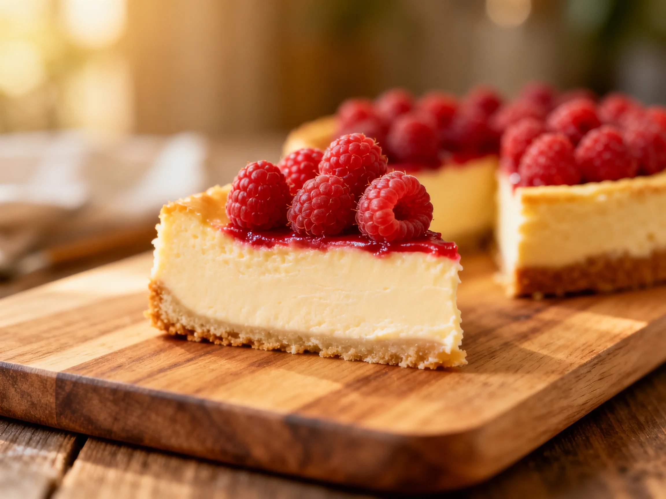 Fresh raspberry-topped cheesecake slice on wooden board