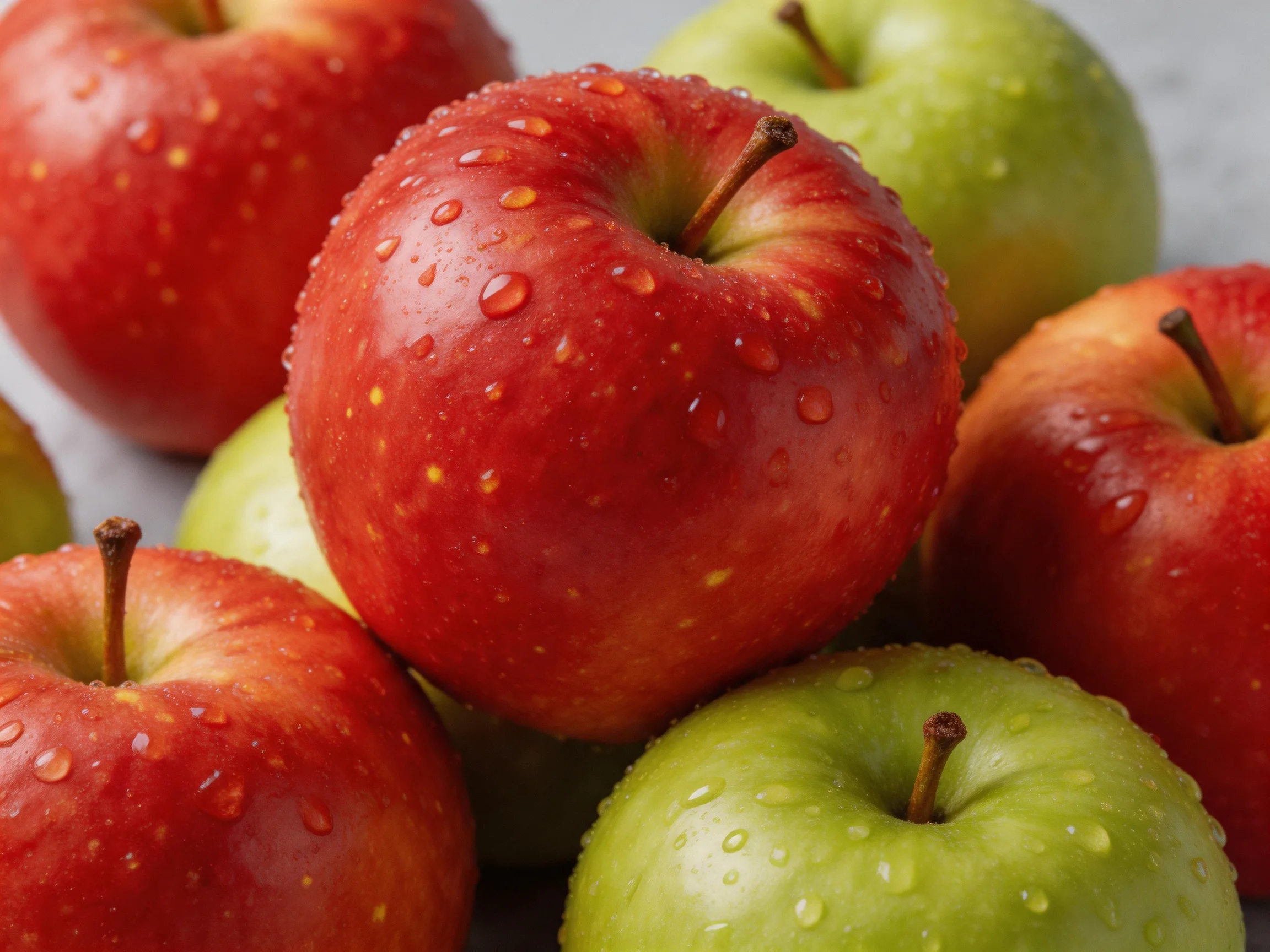 Fresh red and green apples clustered with water droplets