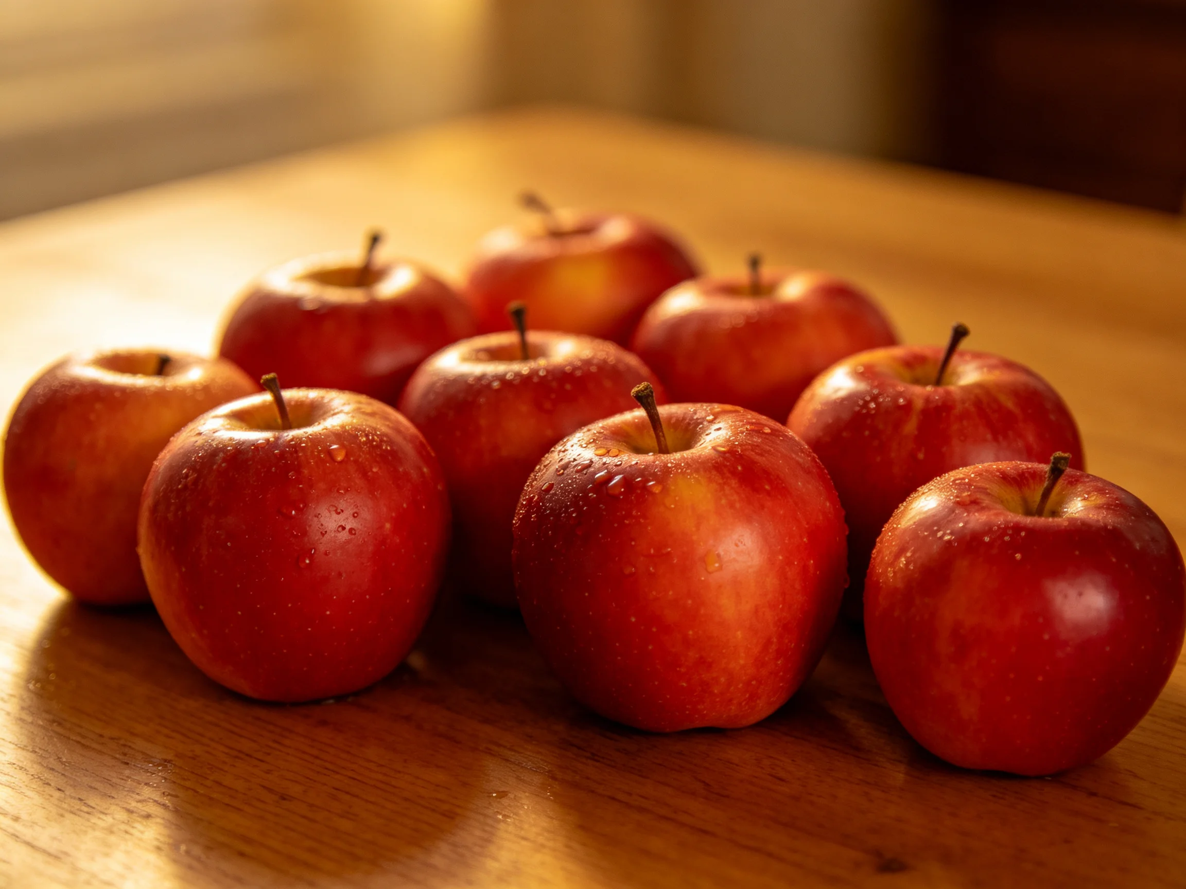 Fresh red apples arranged on a polished wooden table