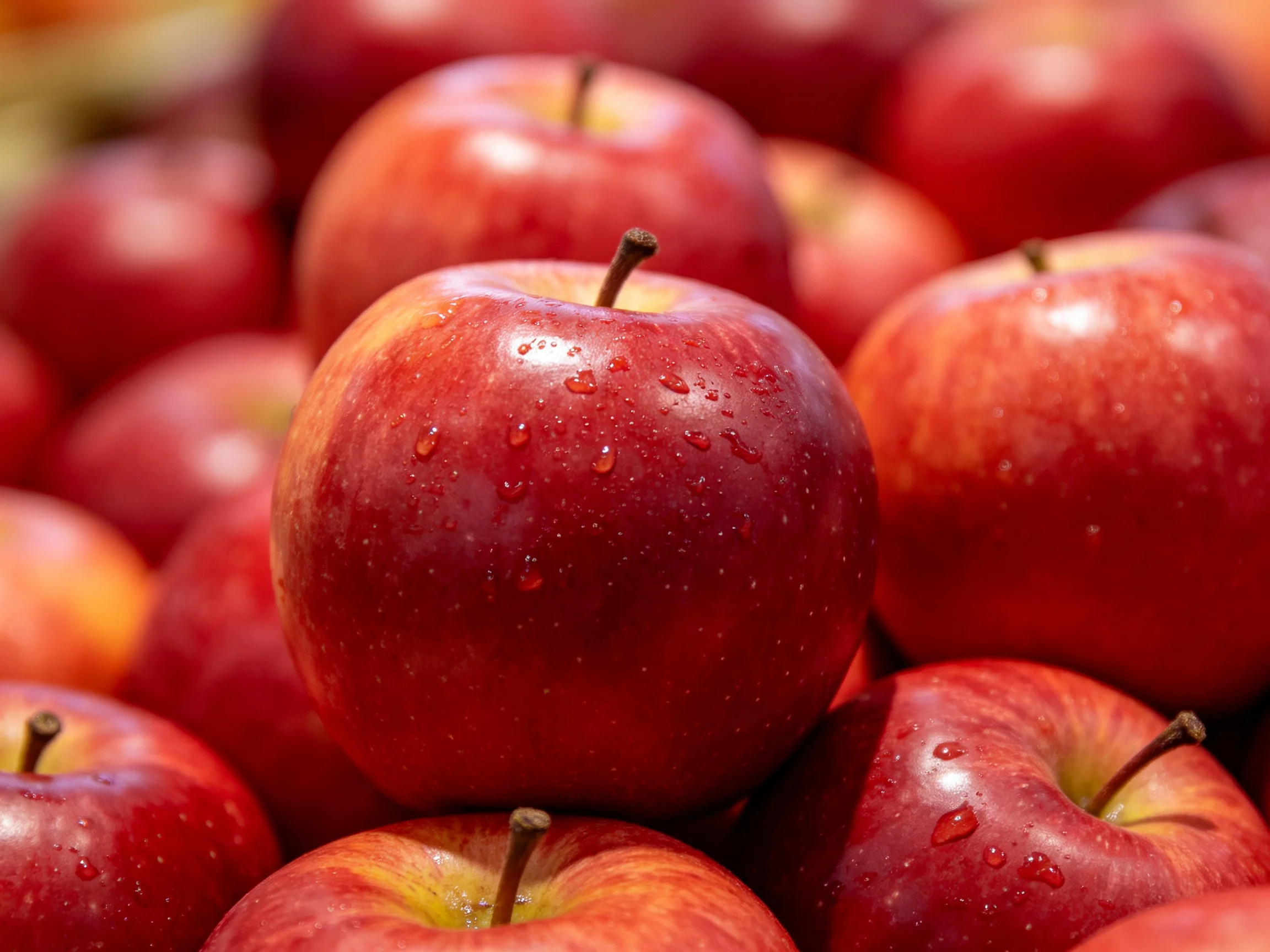 Fresh red apples stacked with glistening water droplets