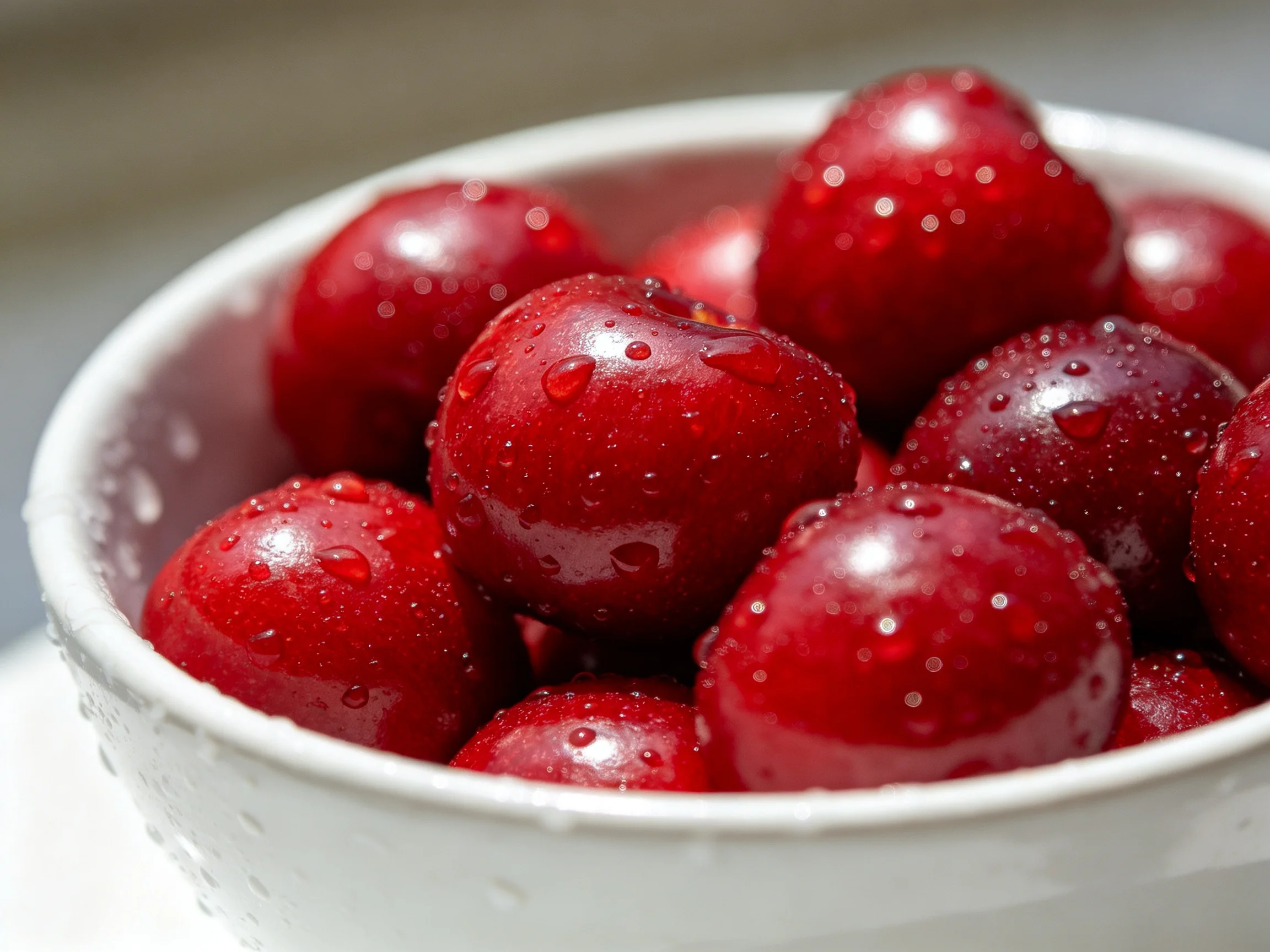 Fresh red cherries glisten in a white ceramic bowl