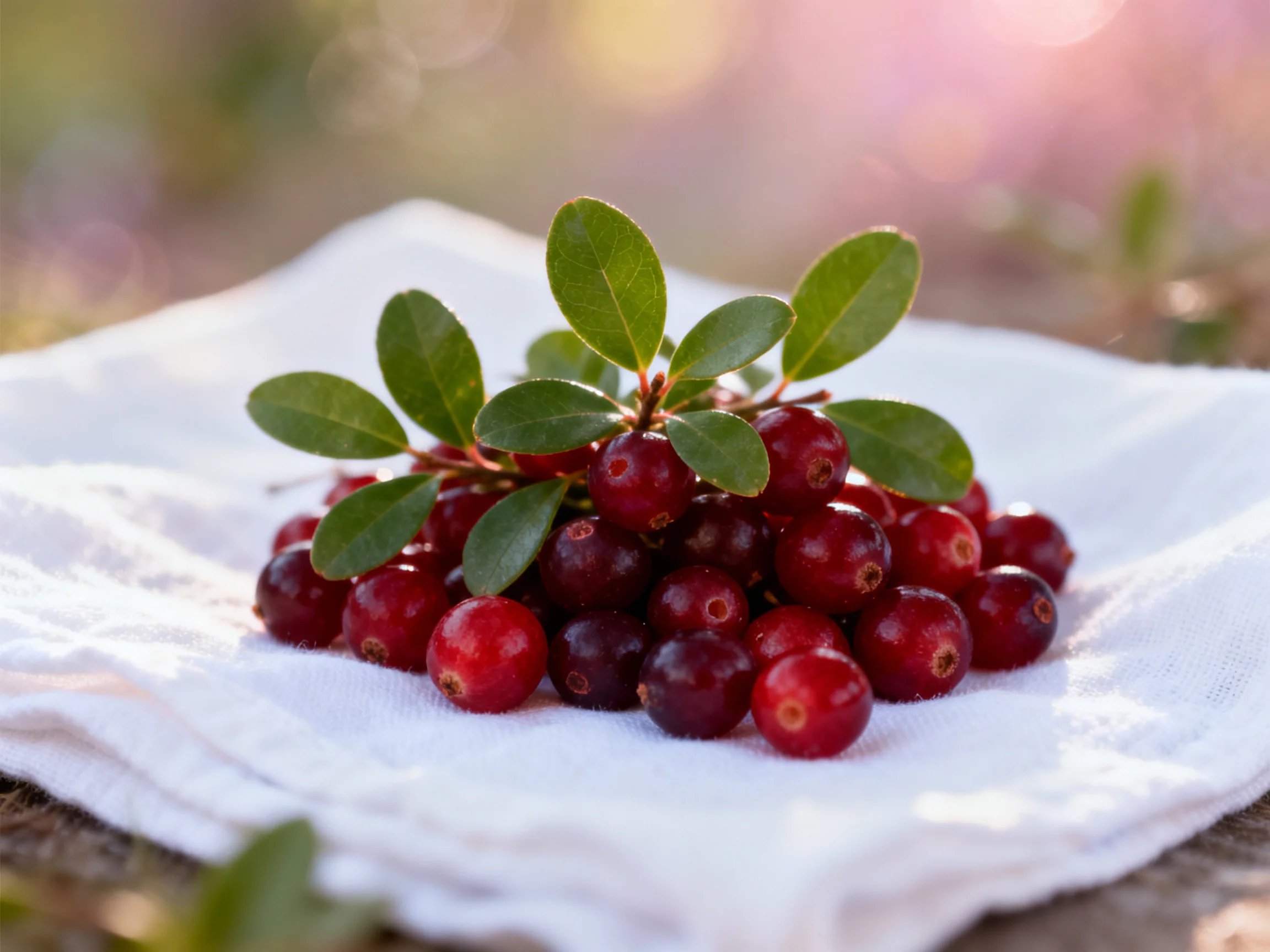 Fresh red cranberries with green leaves on a white cloth
