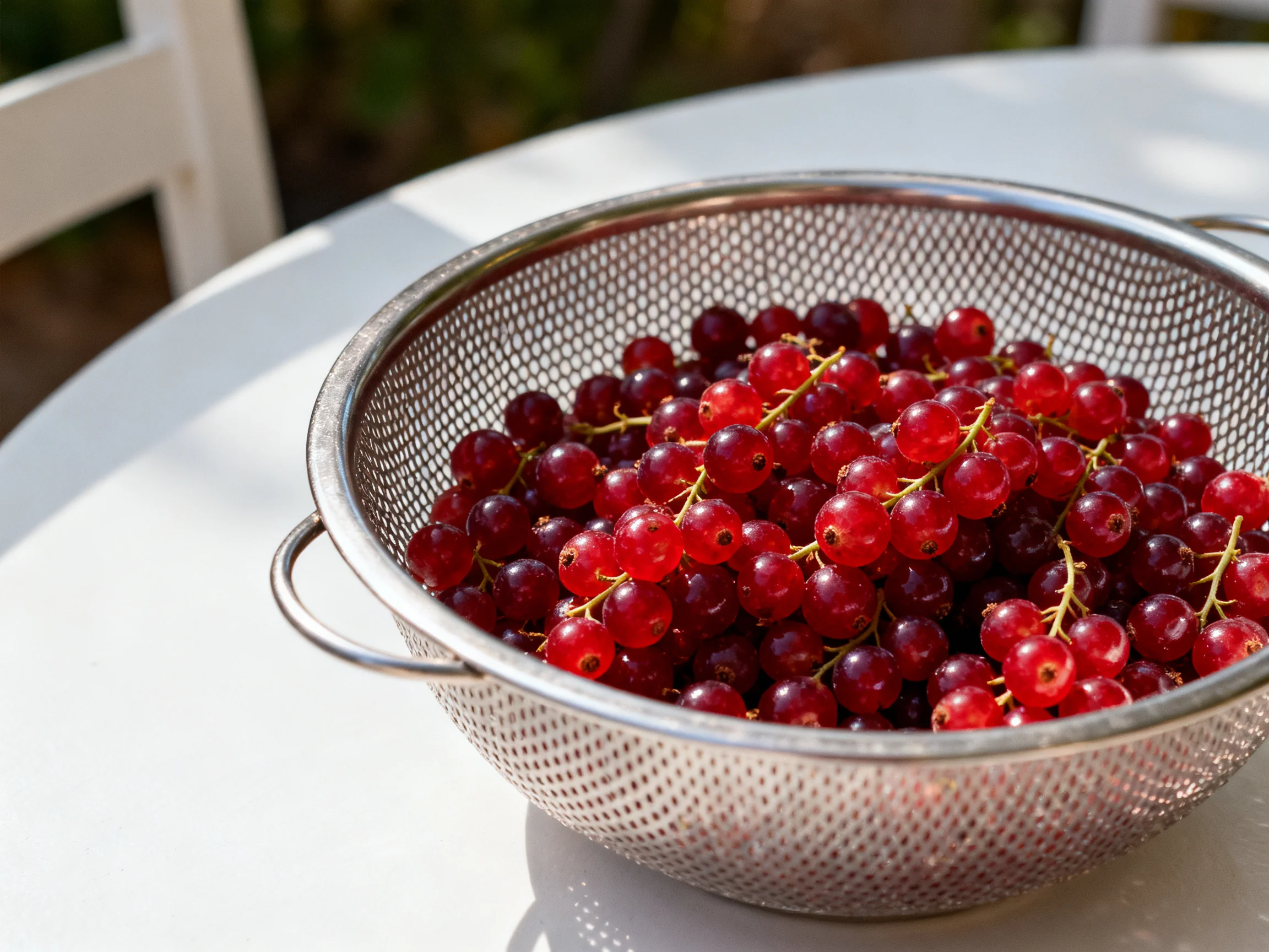 Fresh red currants overflow from a metal colander on a white table
