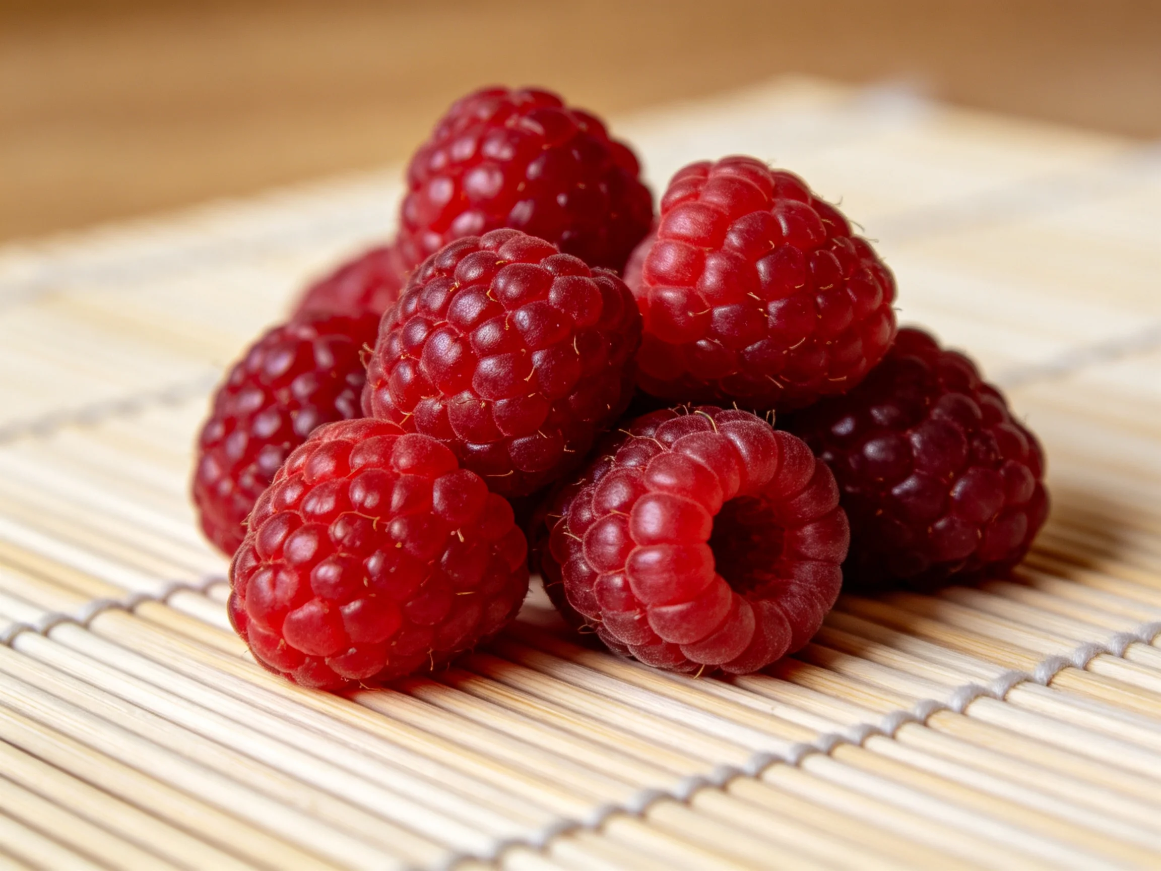 Fresh red raspberries clustered on a bamboo mat