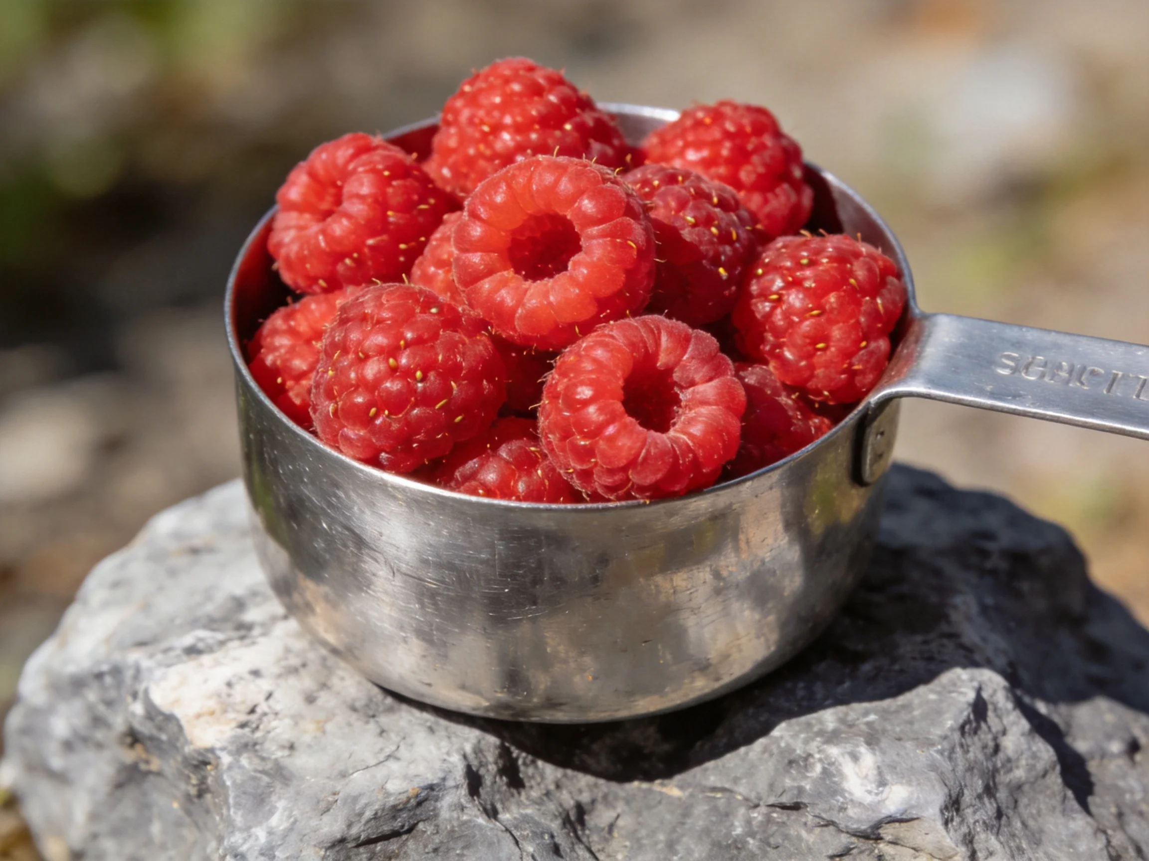 Fresh red raspberries fill a stainless steel measuring cup on a gray stone