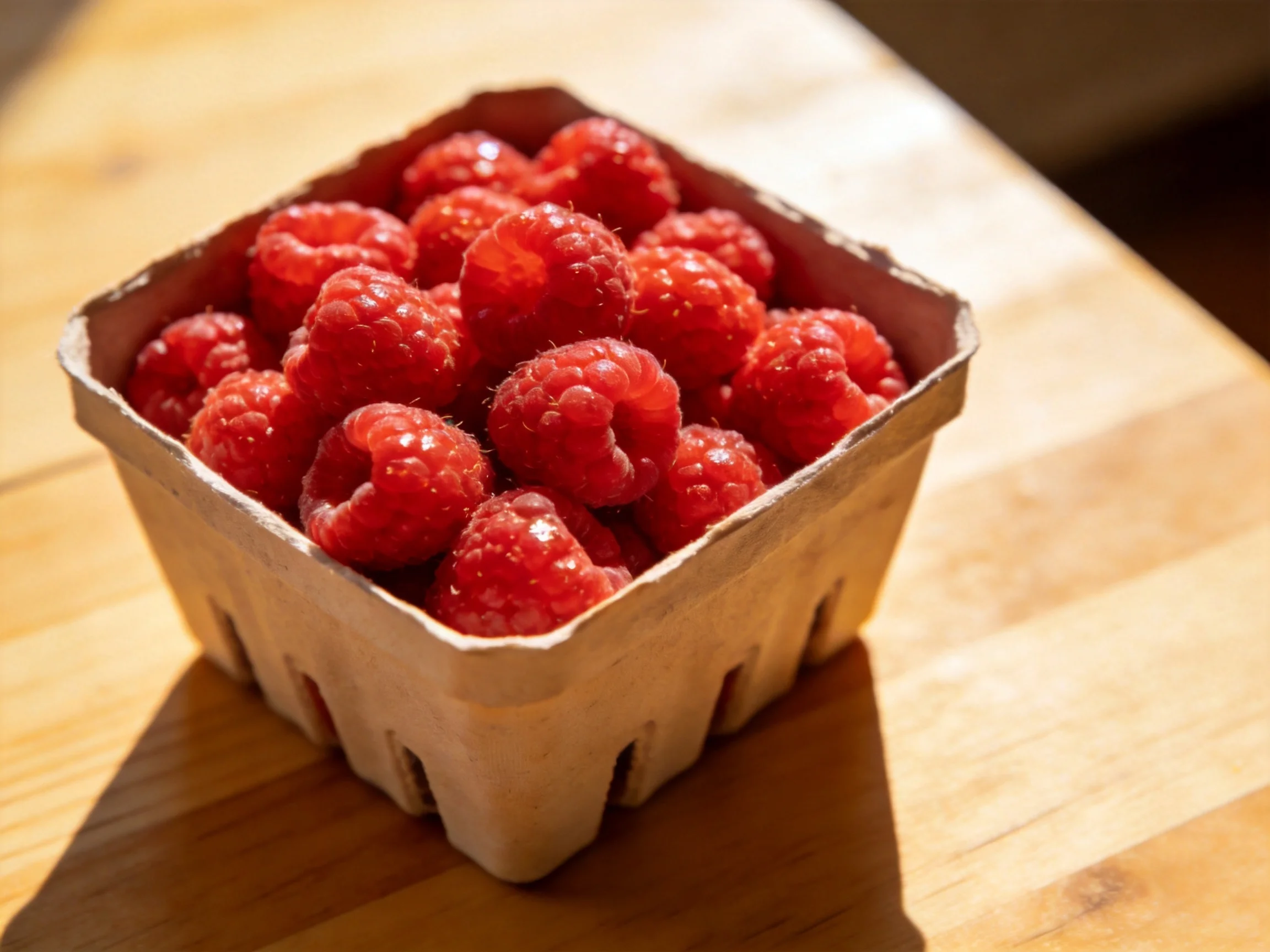 Fresh red raspberries in a cardboard container on a wooden surface