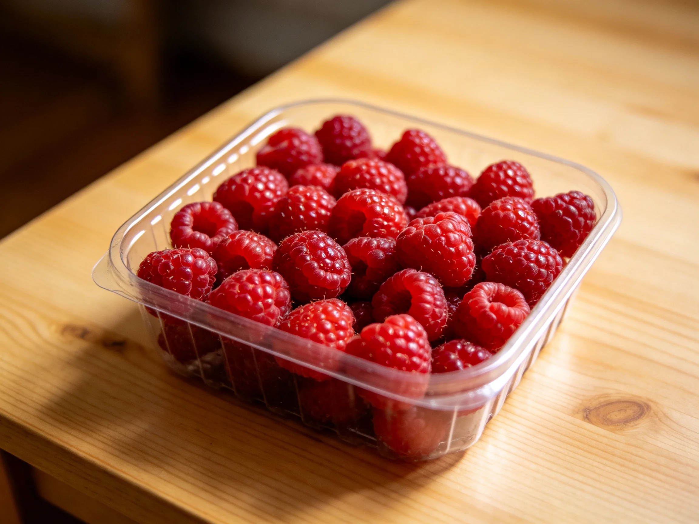 Fresh red raspberries in clear plastic container on wooden table
