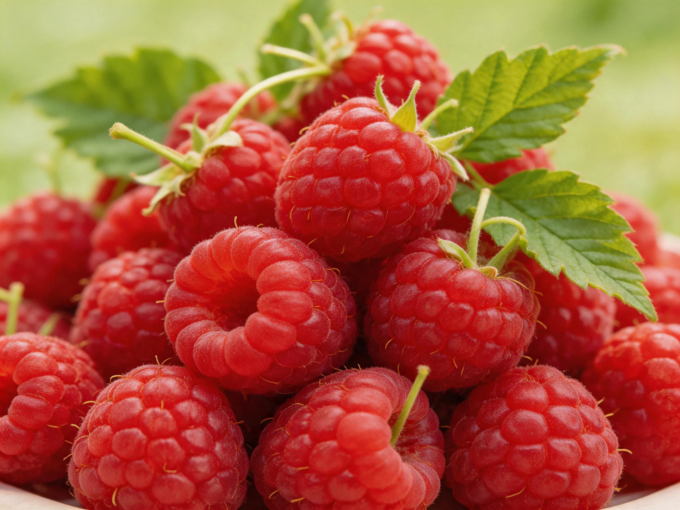 Fresh red raspberries piled abundantly with green leaves