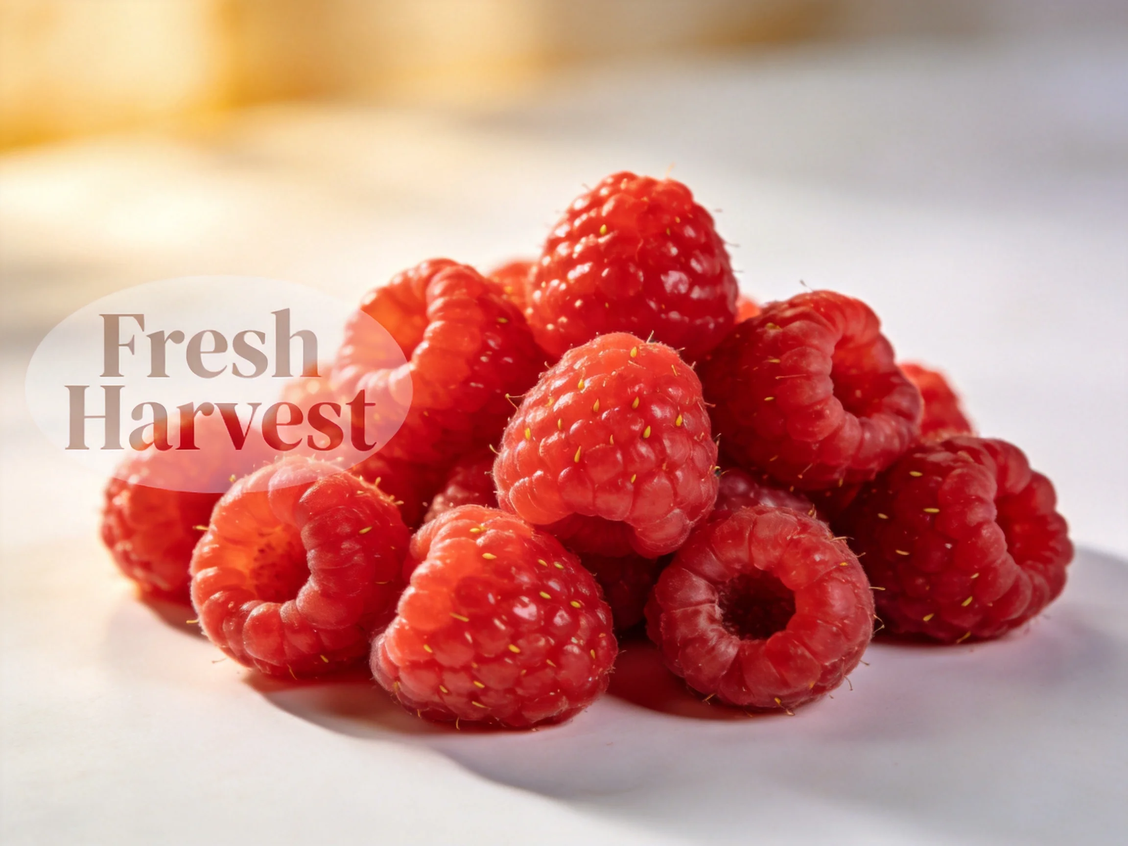 A cluster of fresh red raspberries rests on a white surface.