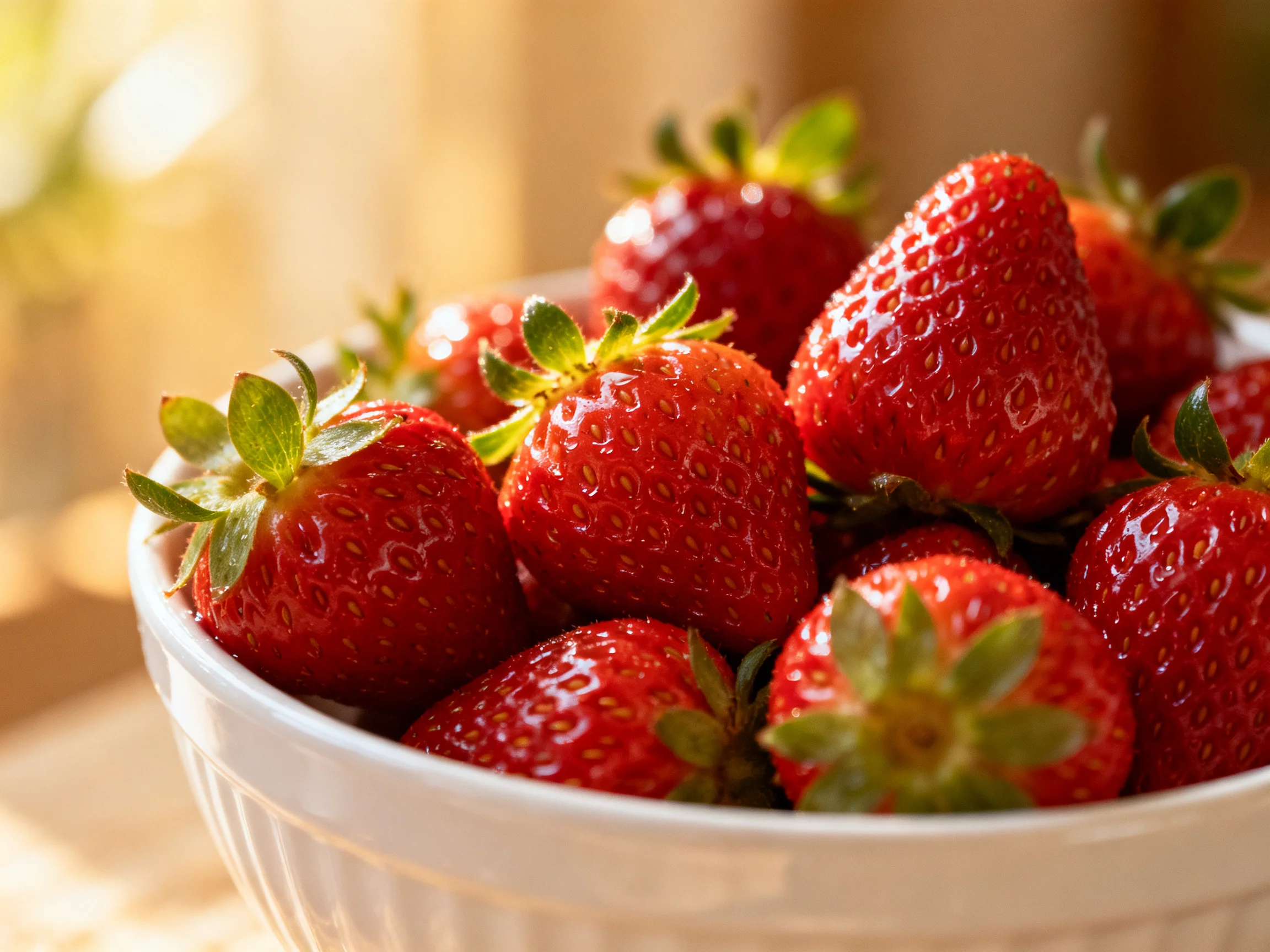 Fresh red strawberries abundant in a white ceramic bowl