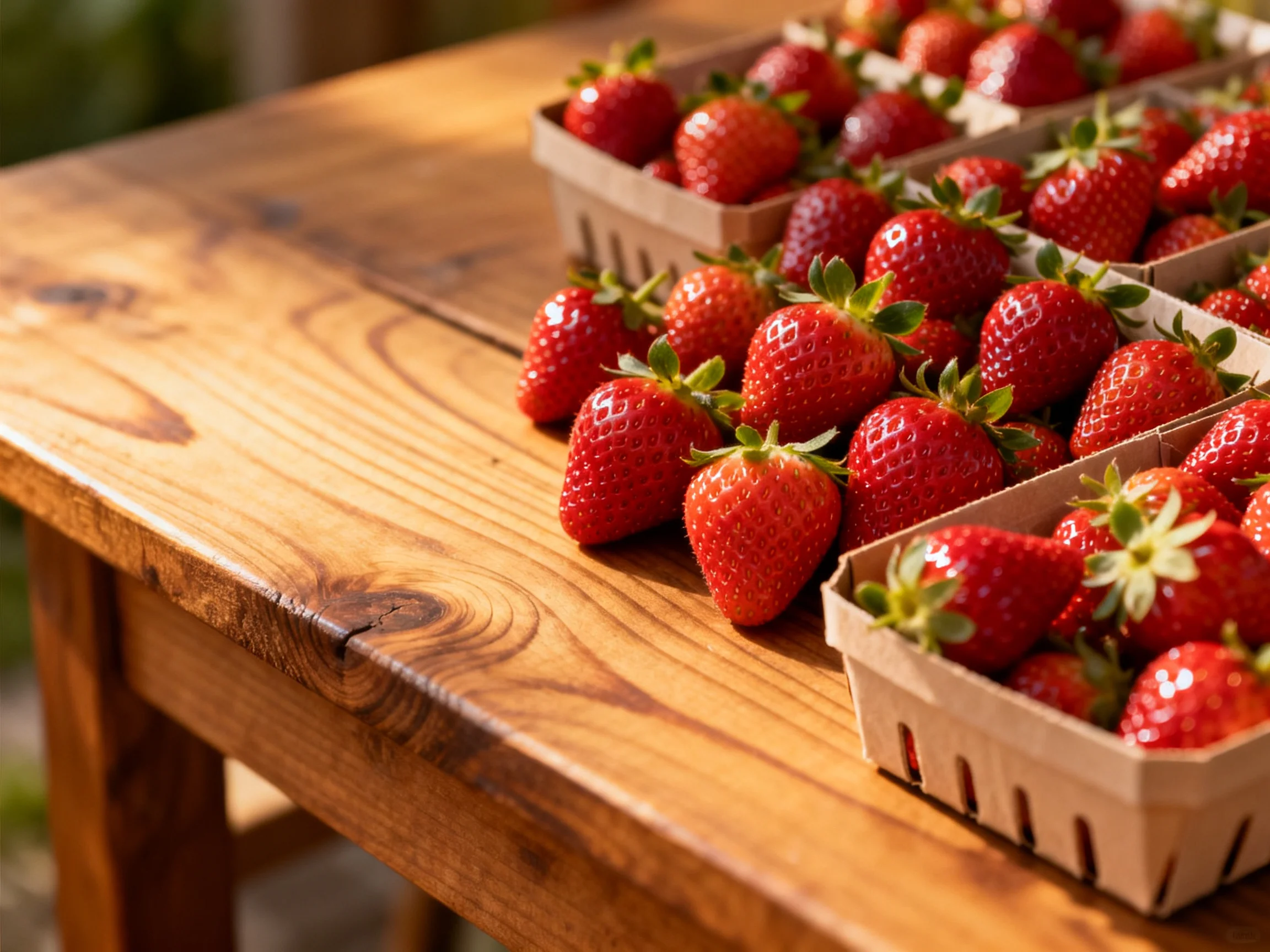 Fresh red strawberries arranged in cardboard baskets on a wooden table